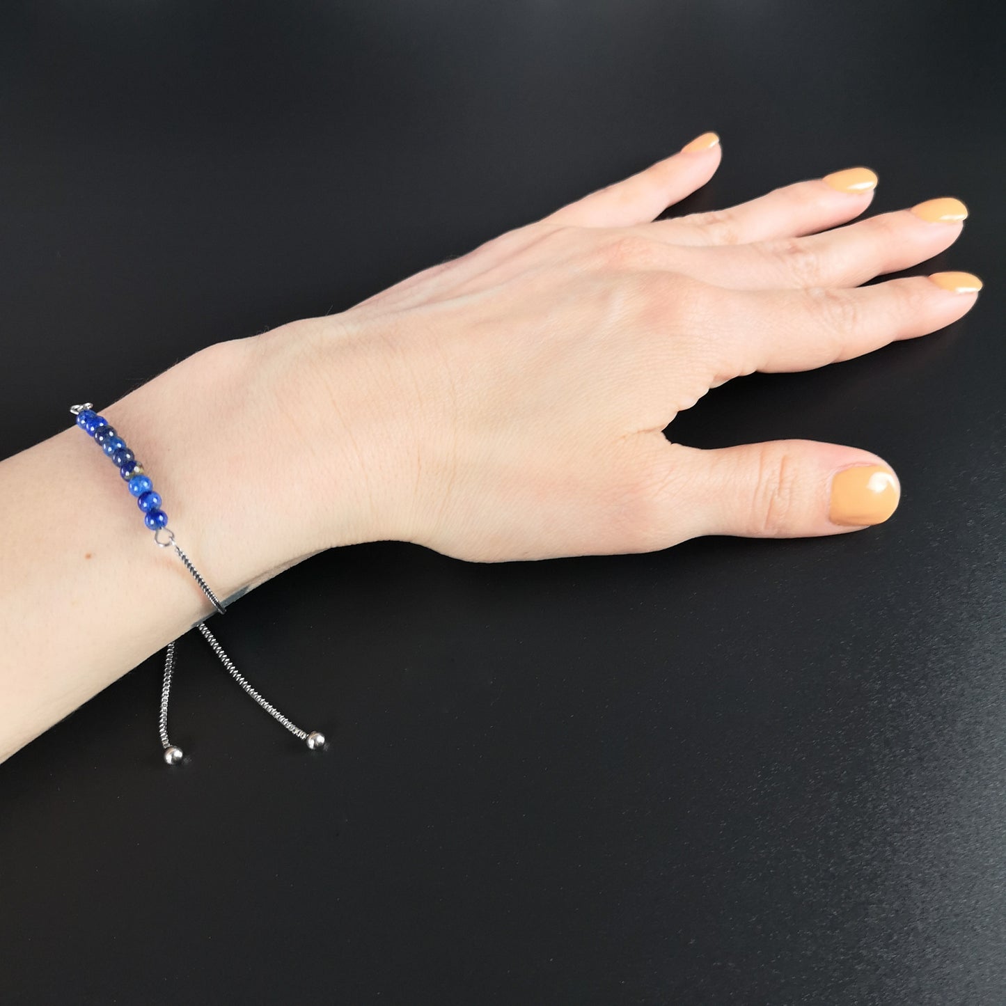 Slider bracelet, made of stainless steel and fluorite, lapis lazuli, indian agate, or aventurine and rose quartz Baguette Magick