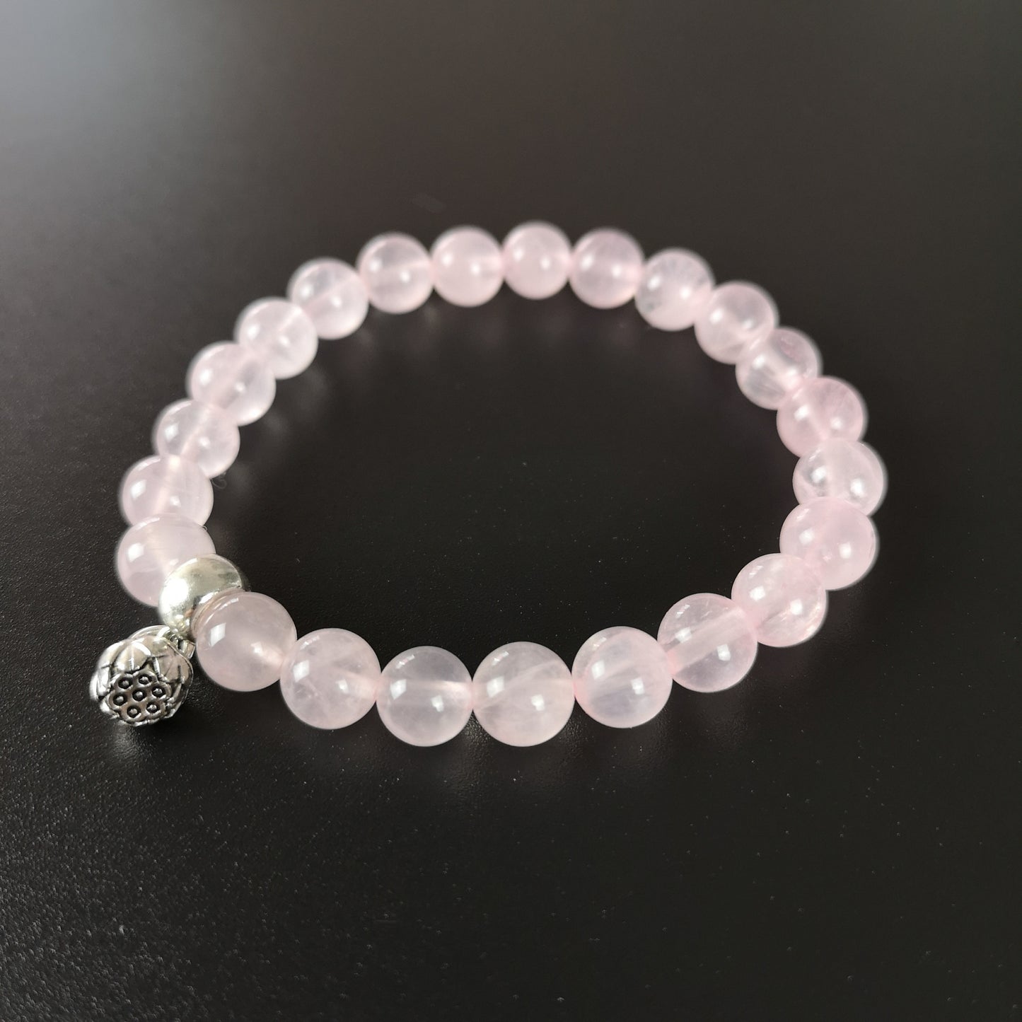 Rose quartz mala beaded bracelet with a lotus seed charm Baguette Magick