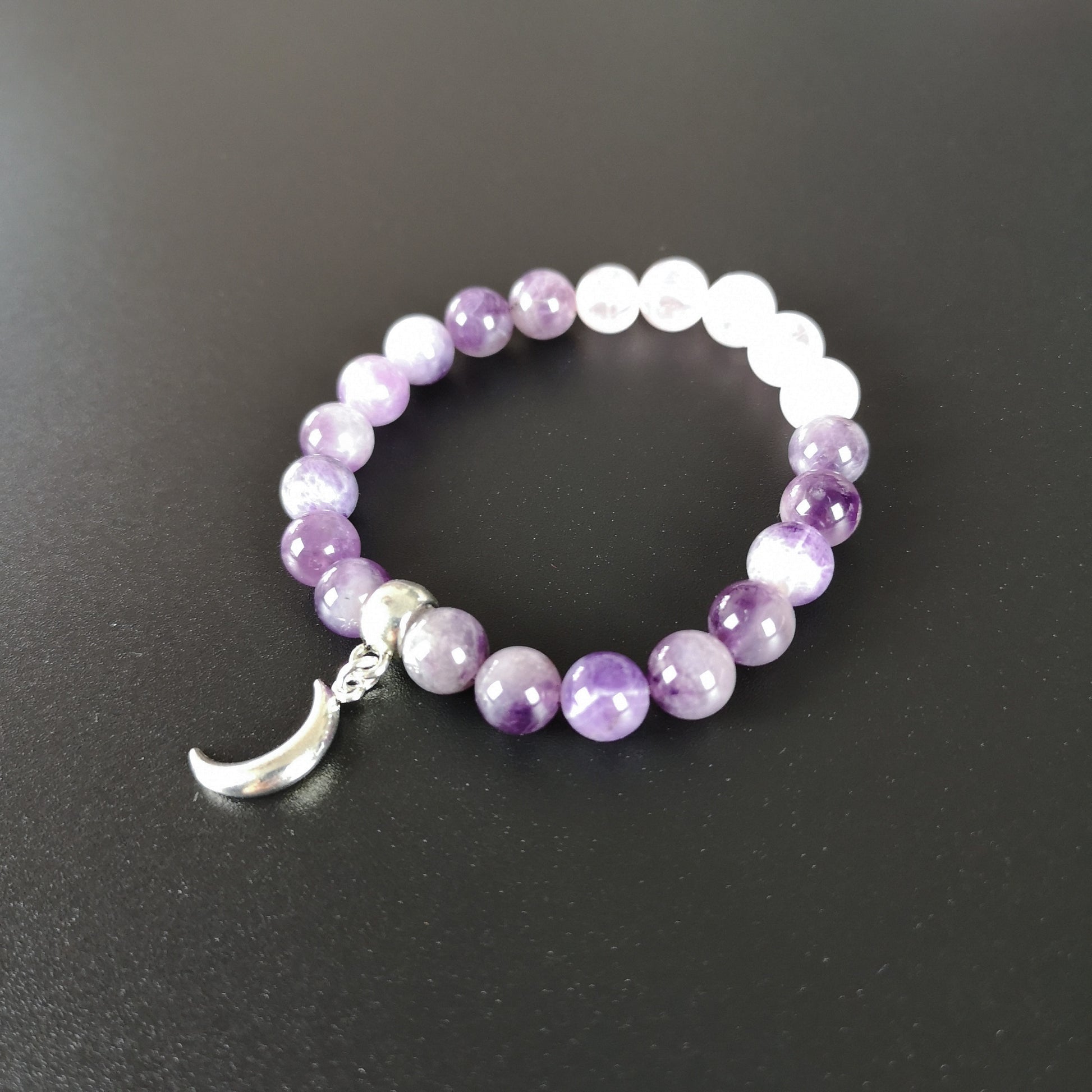Amethyst and rose quartz mala beaded bracelet with a crescent moon charm - 18 cm - The French Witch shop