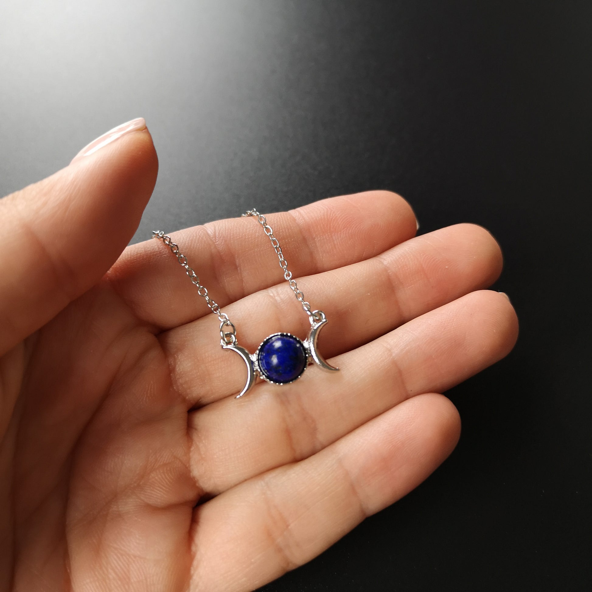 Lapis lazuli triple moon necklace wiccan jewelry The French Witch shop