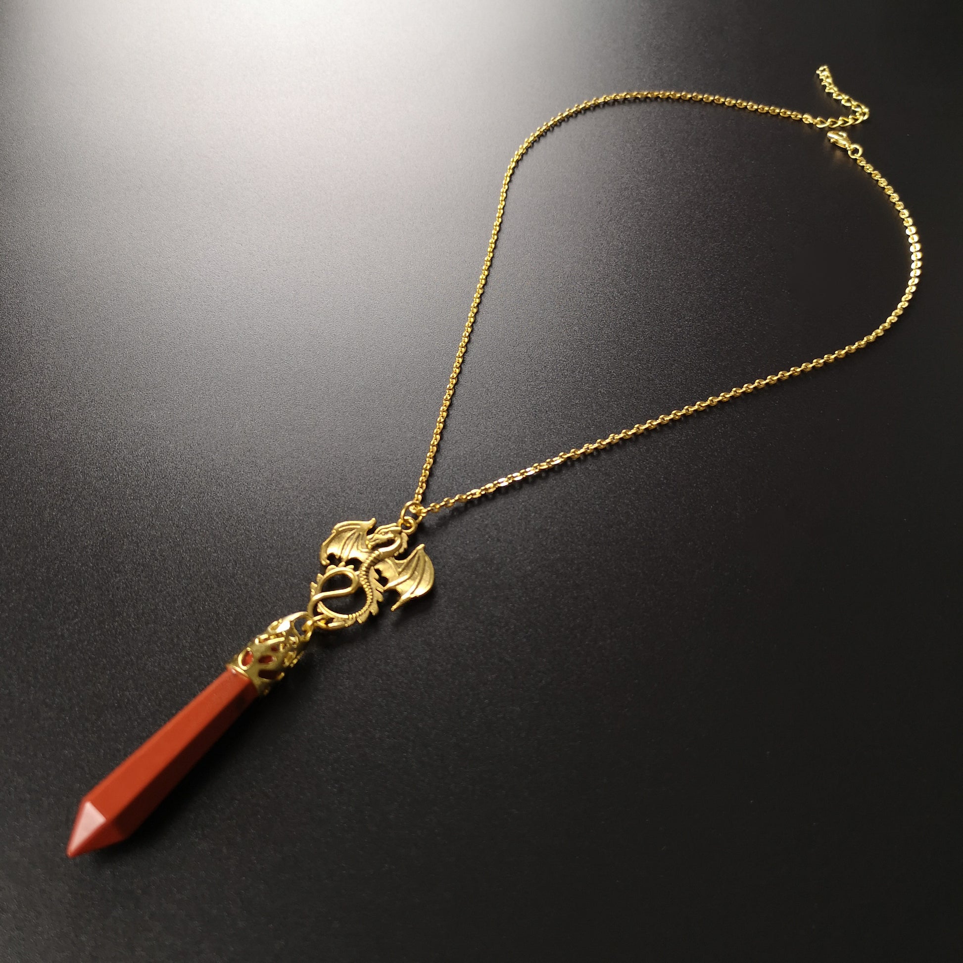Golden red jasper and dragon divination pendulum necklace Baguette Magick