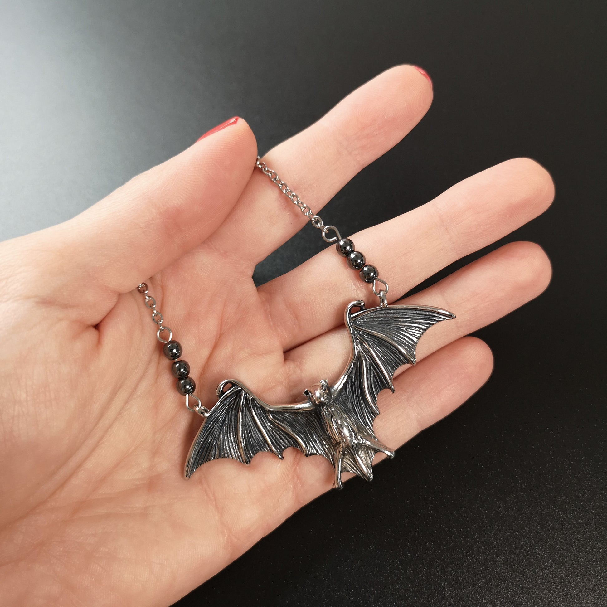 Stainless steel bat necklace with hematite beads The French Witch shop