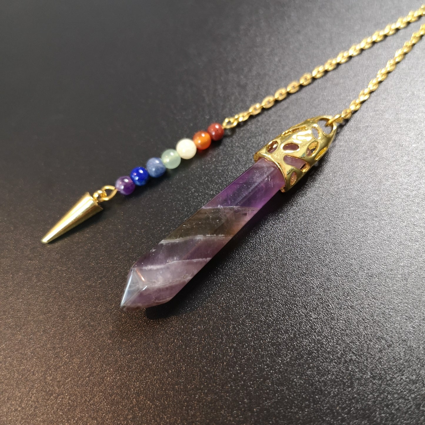 7 chakras amethyst golden pendulum with a spike - The French Witch shop