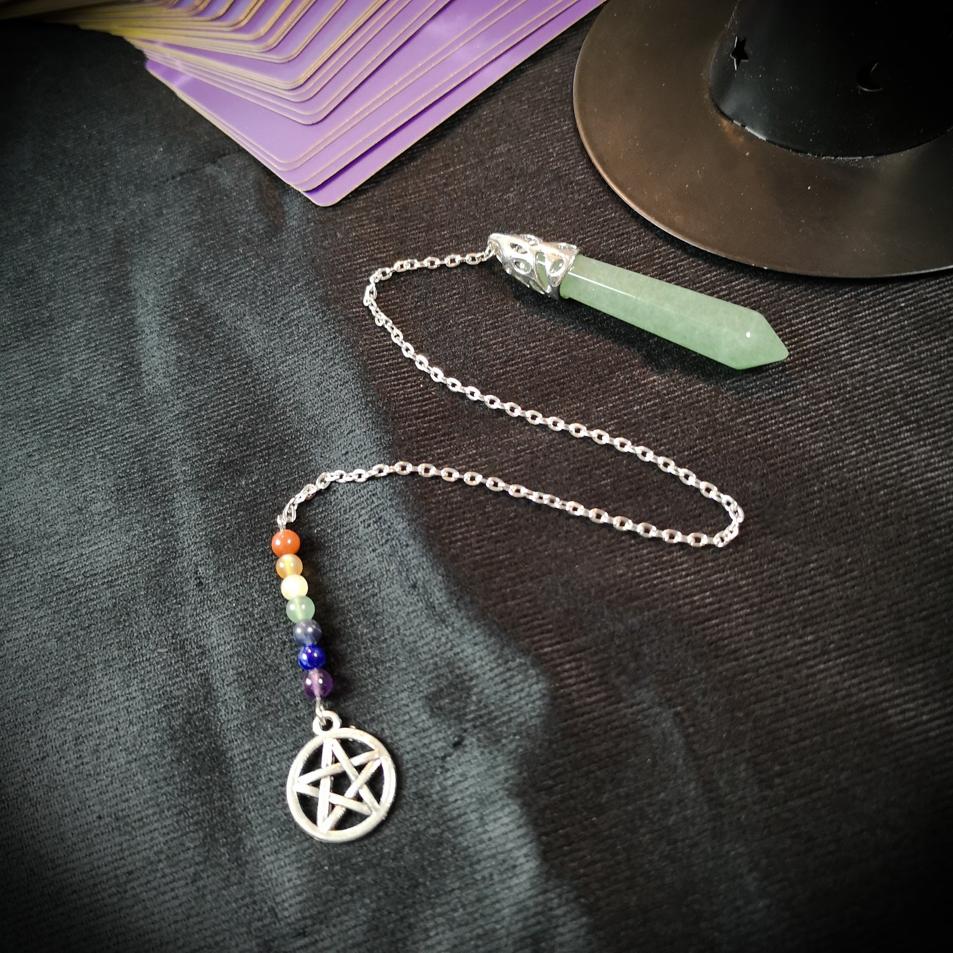 7 chakras aventurine pendulum with a pentacle - The French Witch shop
