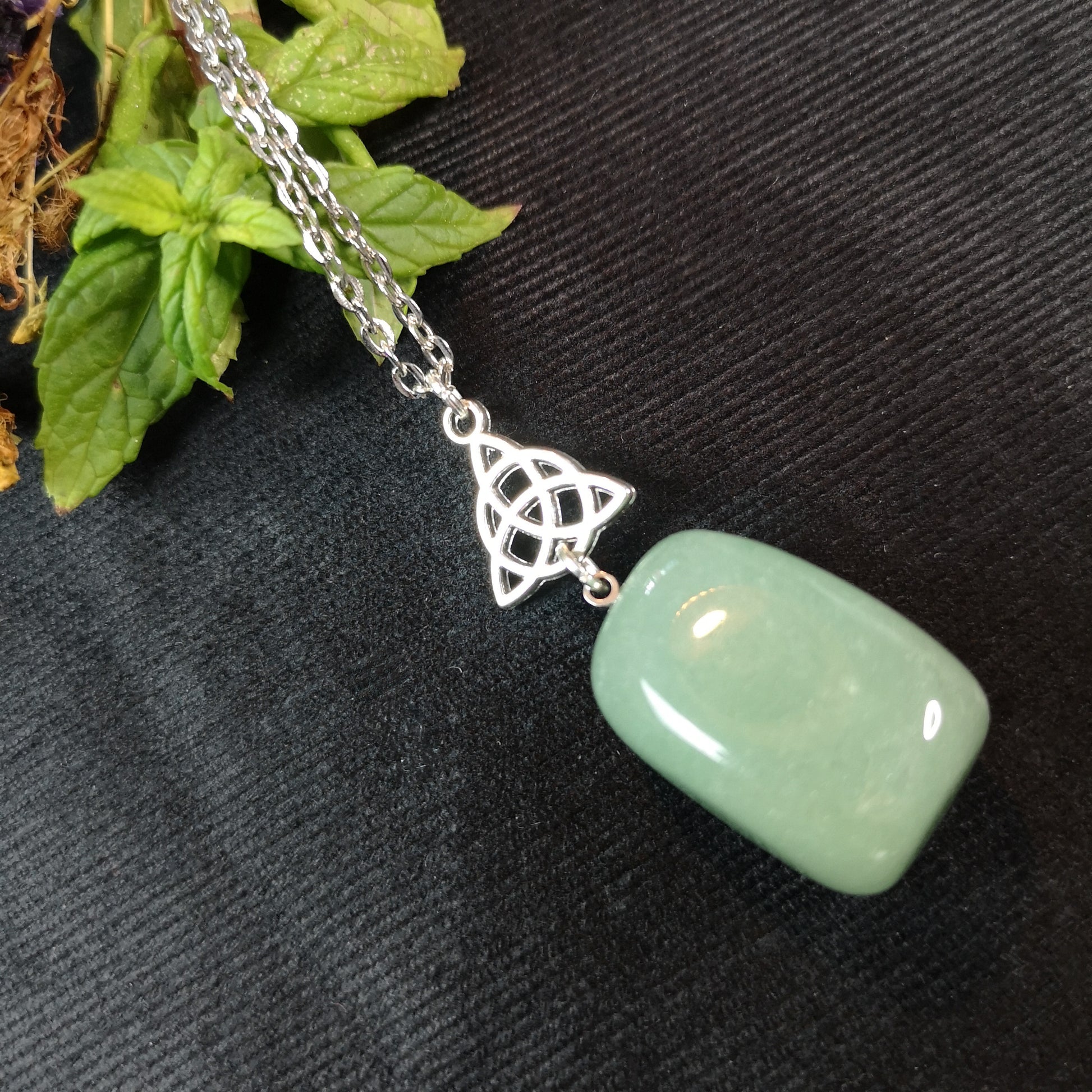 Triquetra Celtic knot and aventurine gemstone pagan necklace The French Witch shop