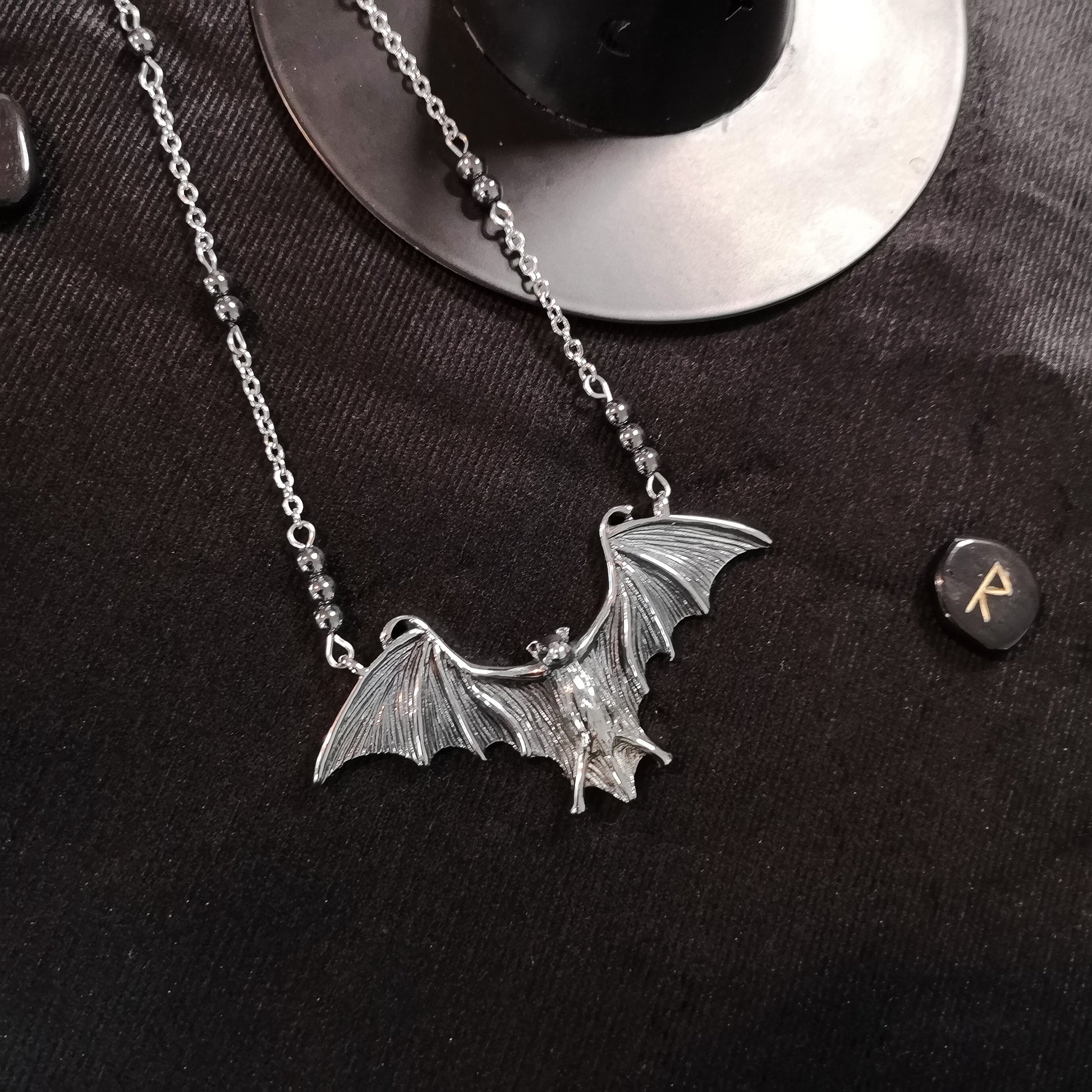 Stainless steel bat necklace with hematite beads The French Witch shop