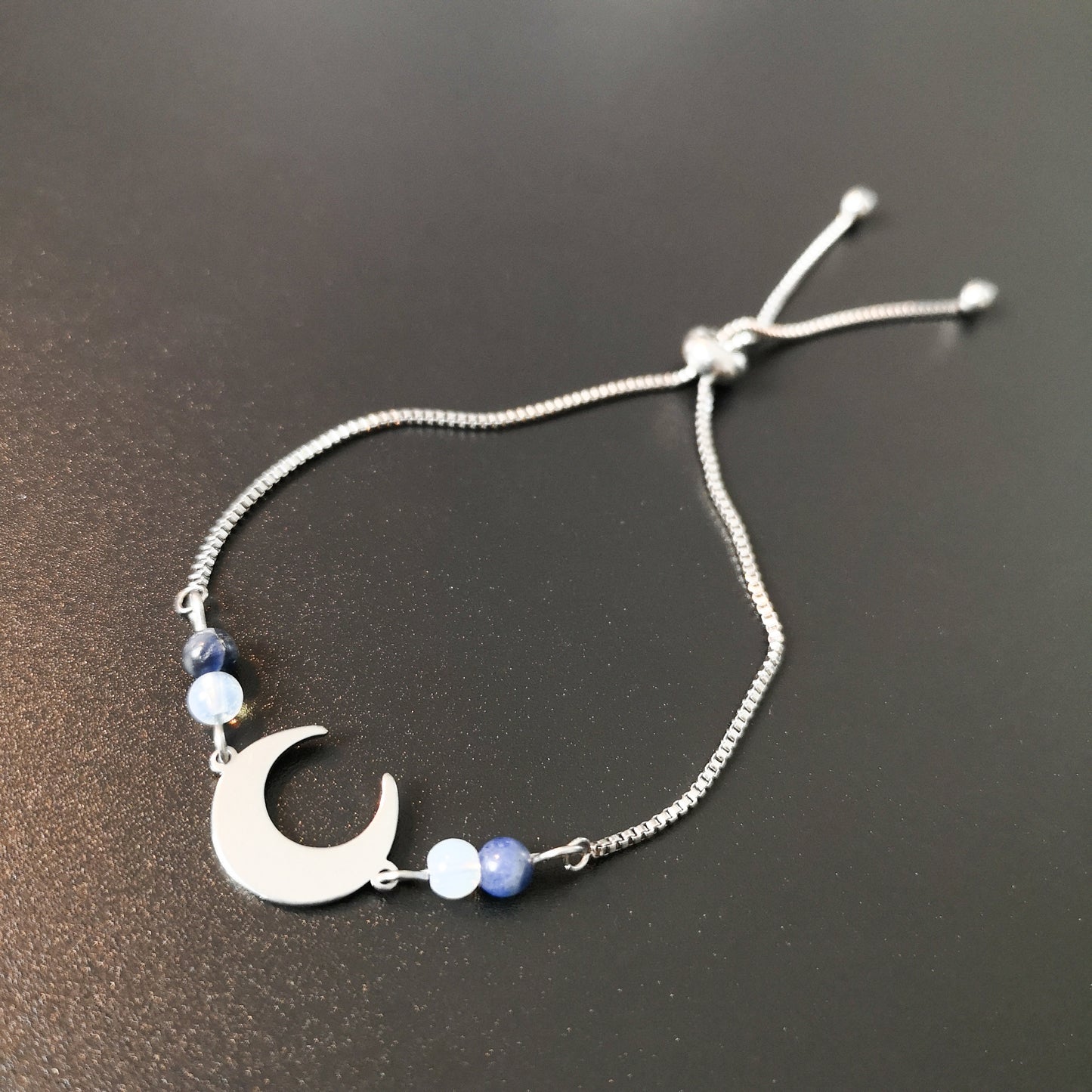 Lapis lazuli, opalite and crescent Moon stainless steel bolo bracelet The French Witch shop