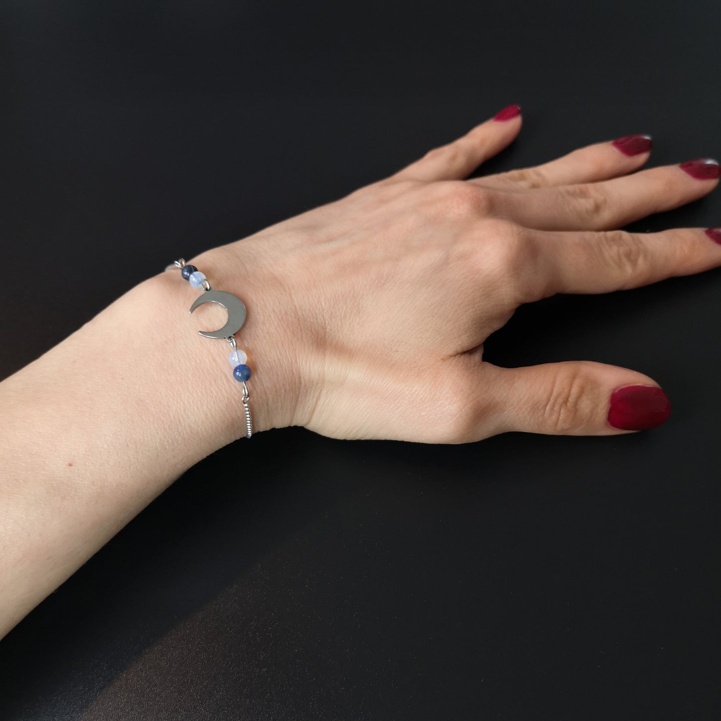 Lapis lazuli, opalite and crescent Moon stainless steel slider bracelet Baguette Magick