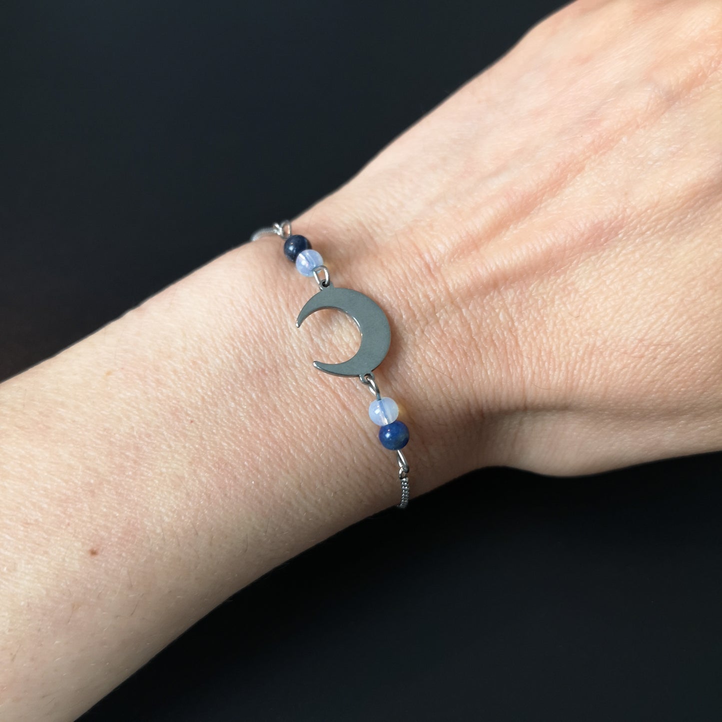 Lapis lazuli, opalite and crescent Moon stainless steel slider bracelet Baguette Magick