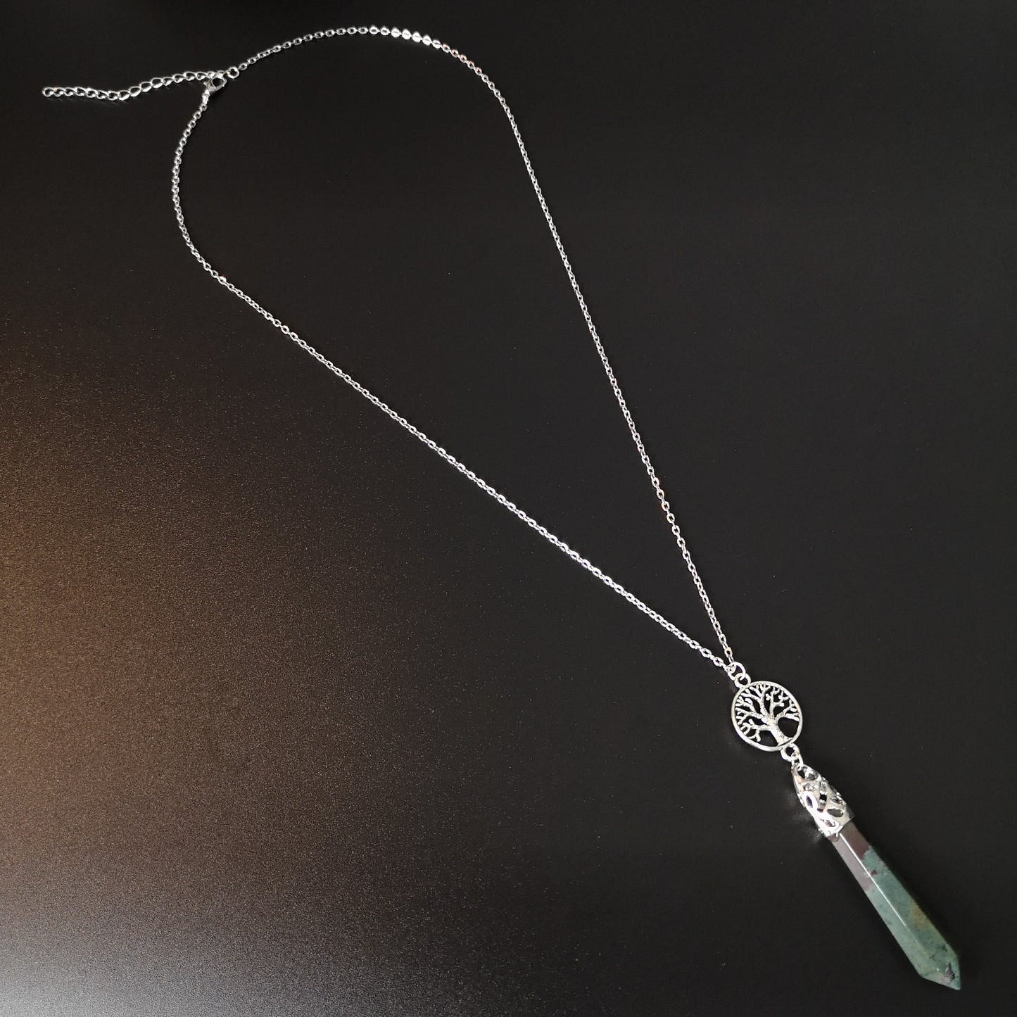 Moss agate and tree of life pendulum necklace Baguette Magick