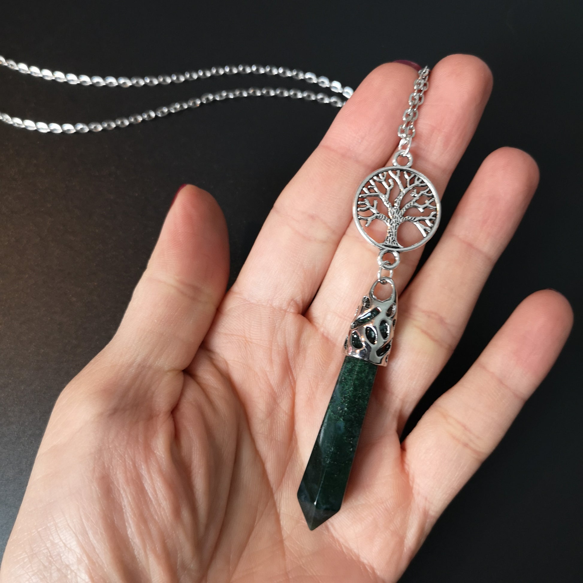 Moss agate and tree of life pendulum necklace The French Witch shop