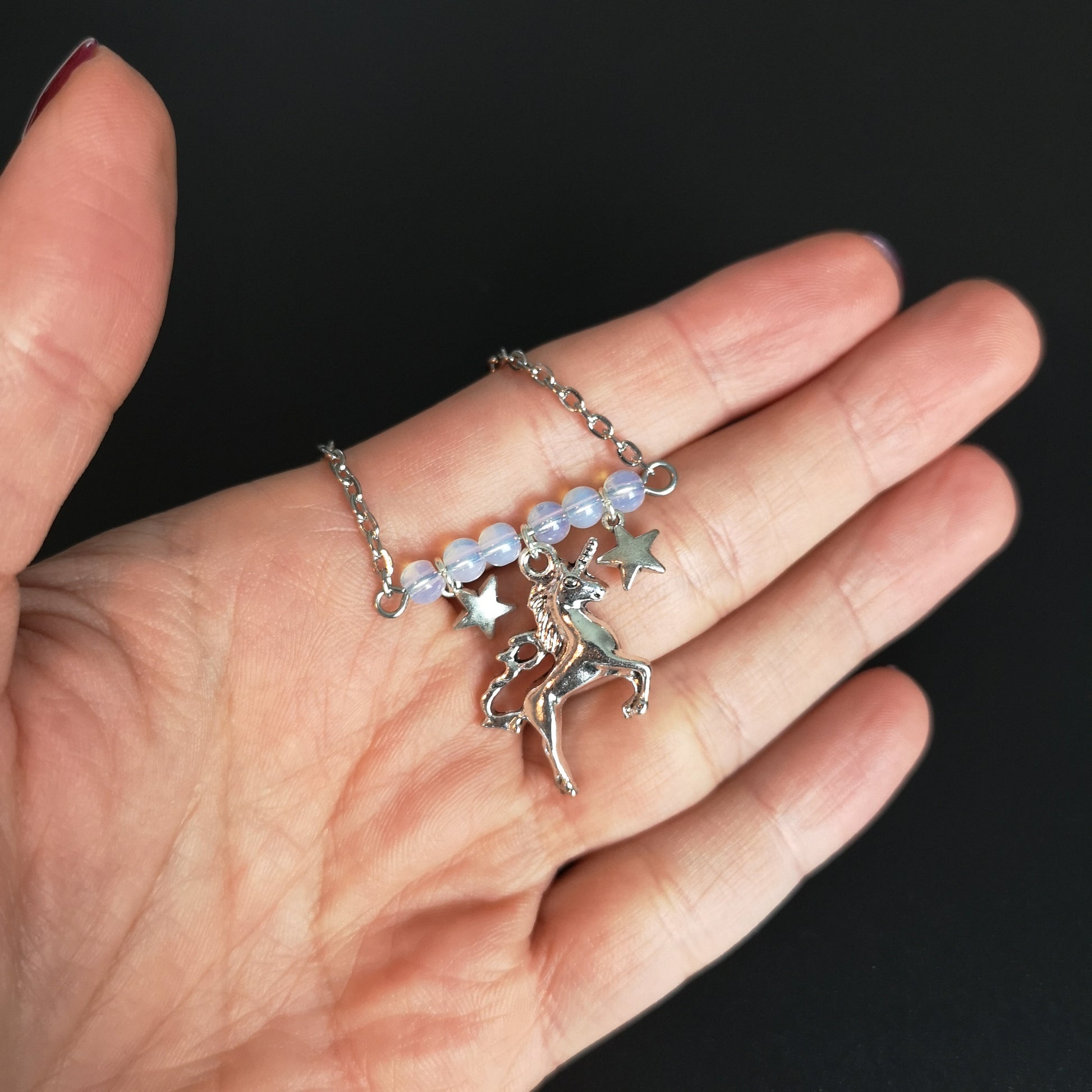 Unicorn and stars necklace, with opalite beads The French Witch shop