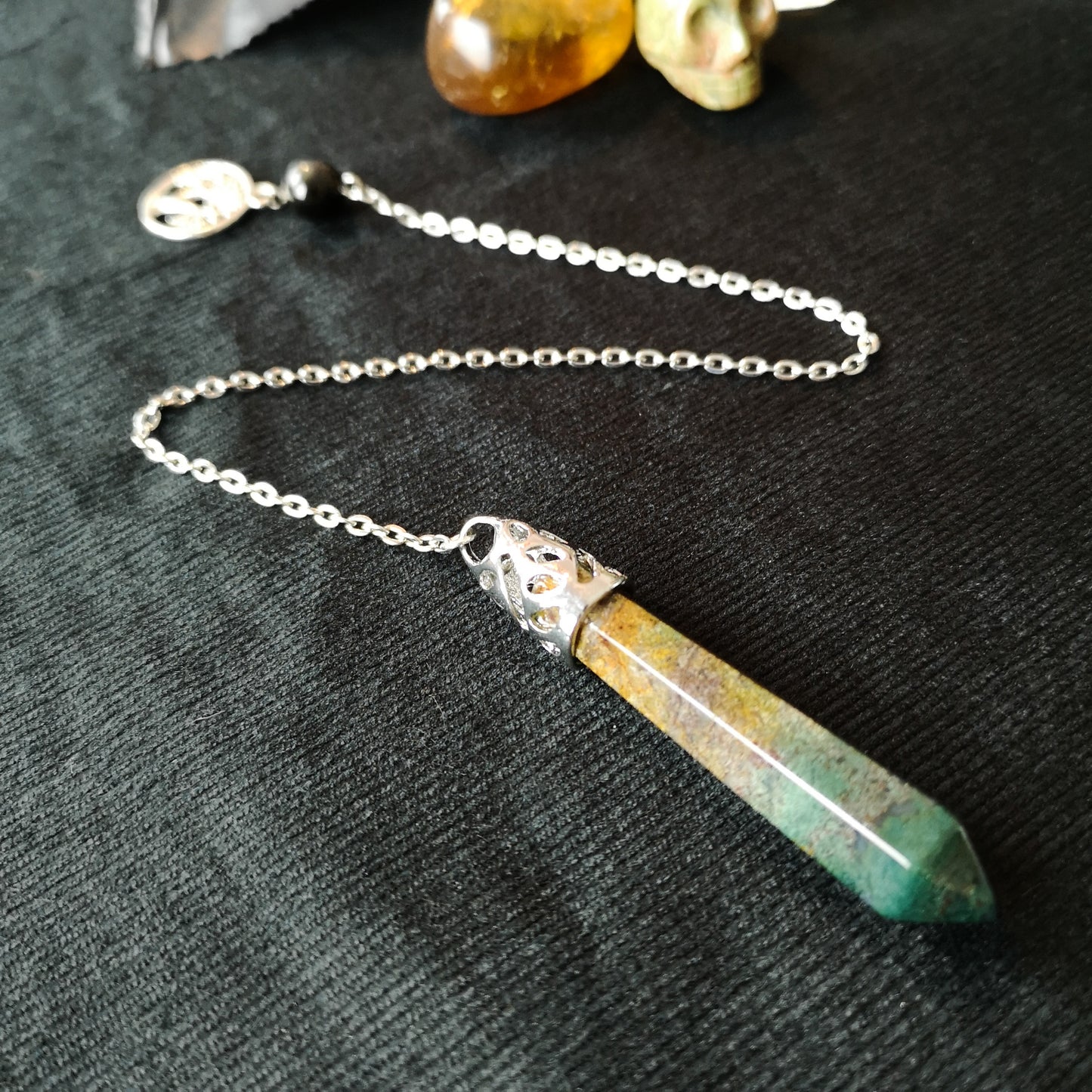 Moss agate, obsidian and tree of life crystal pendulum dowsing divination tool  magick art witchcraft mindfulness gift