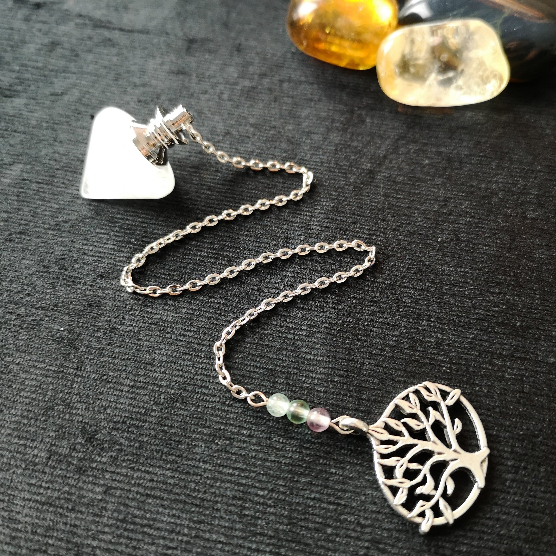 Clear quartz, fluorite and tree of life conical dowsing pendulum Baguette Magick