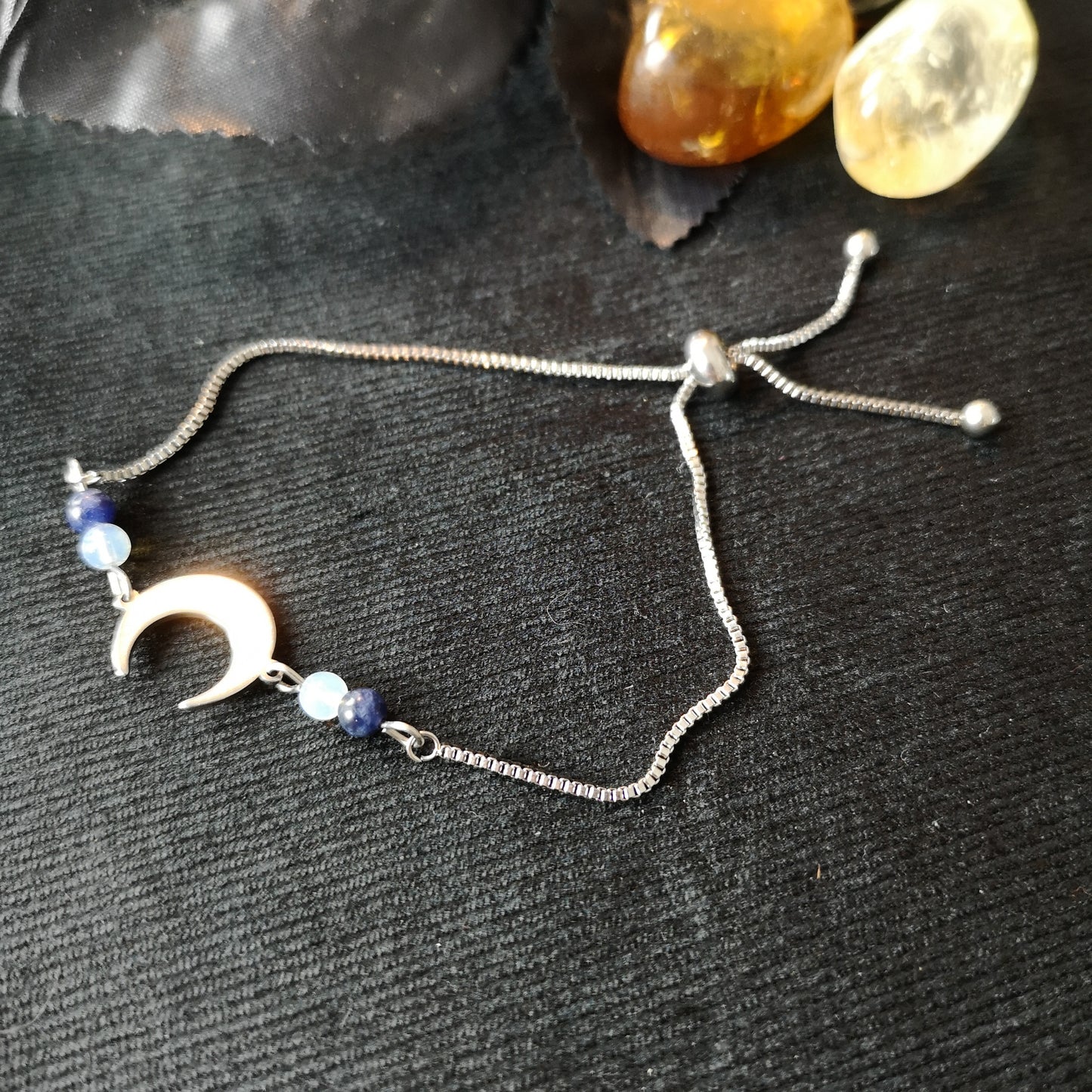 Lapis lazuli, opalite and crescent Moon stainless steel slider bracelet Baguette Magick