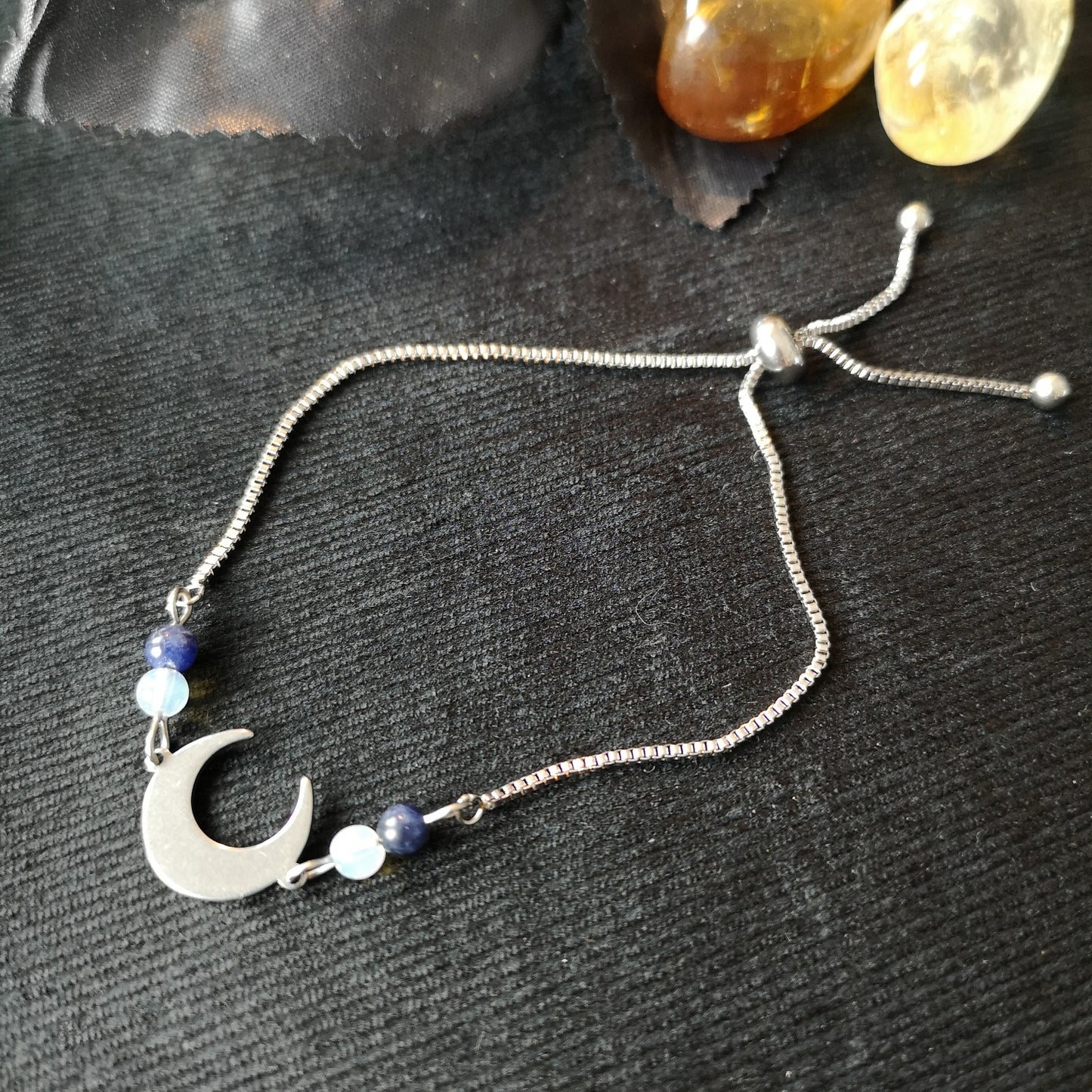 Lapis lazuli, opalite and crescent Moon stainless steel slider bracelet Baguette Magick