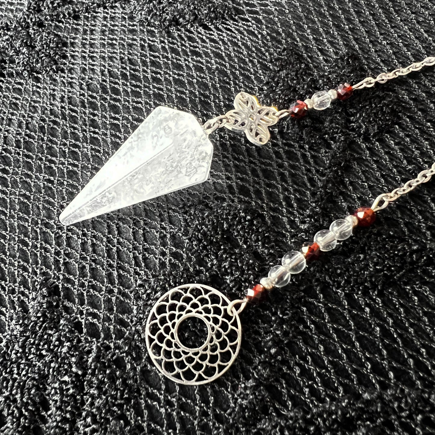 Quartz, garnet and stainless steel sacred geometry pendulum Baguette Magick