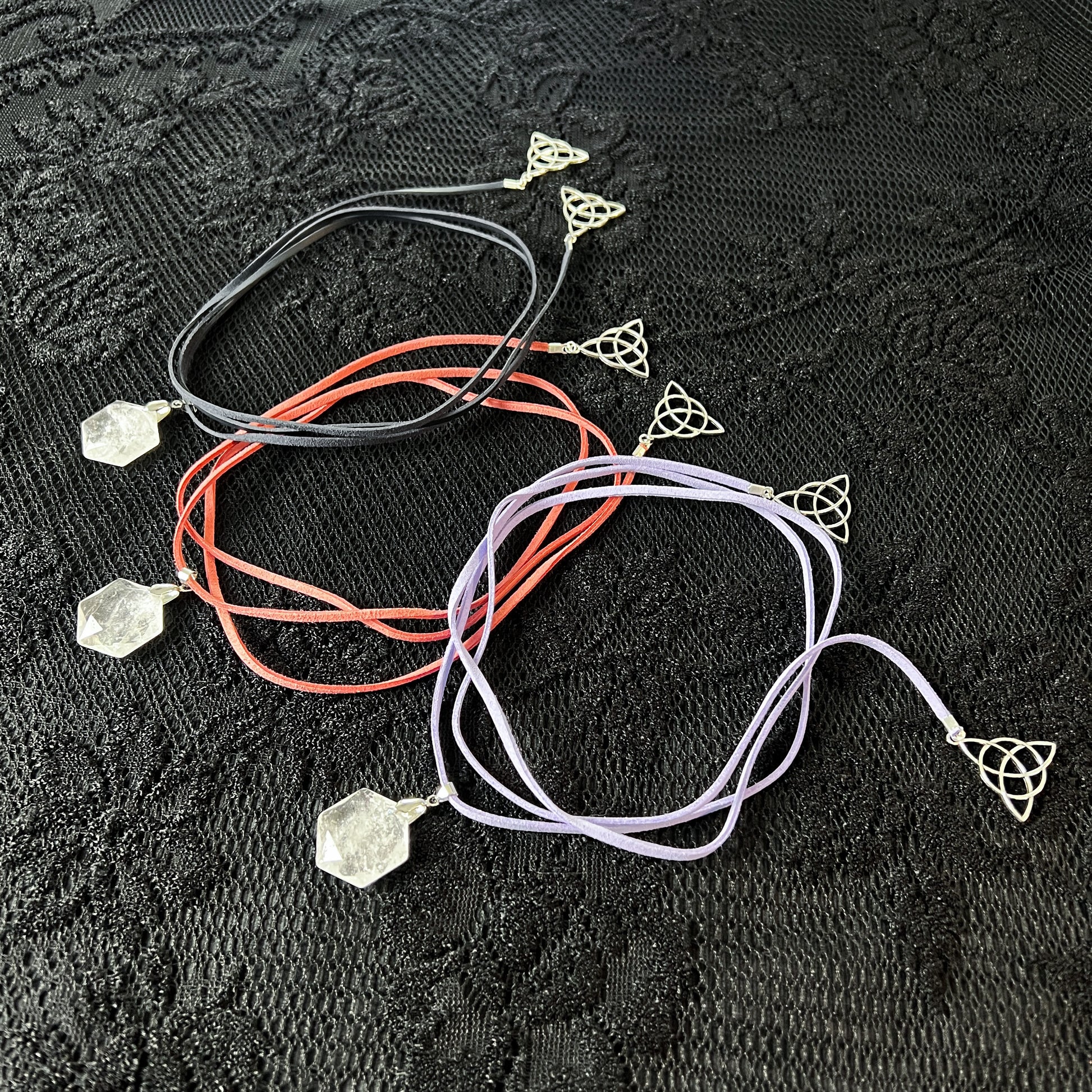 Quartz and triquetra colorful wrap necklace in pink, lilac purple, or black The French Witch shop