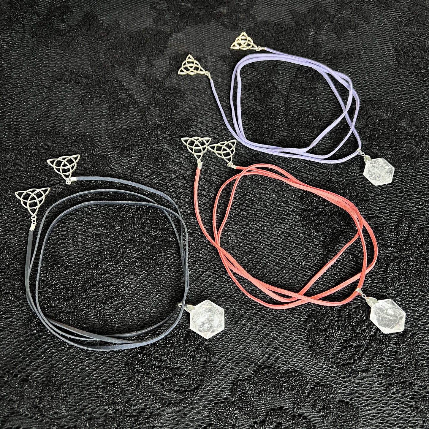 Quartz and triquetra colorful wrap necklace in pink, lilac purple, or black The French Witch shop