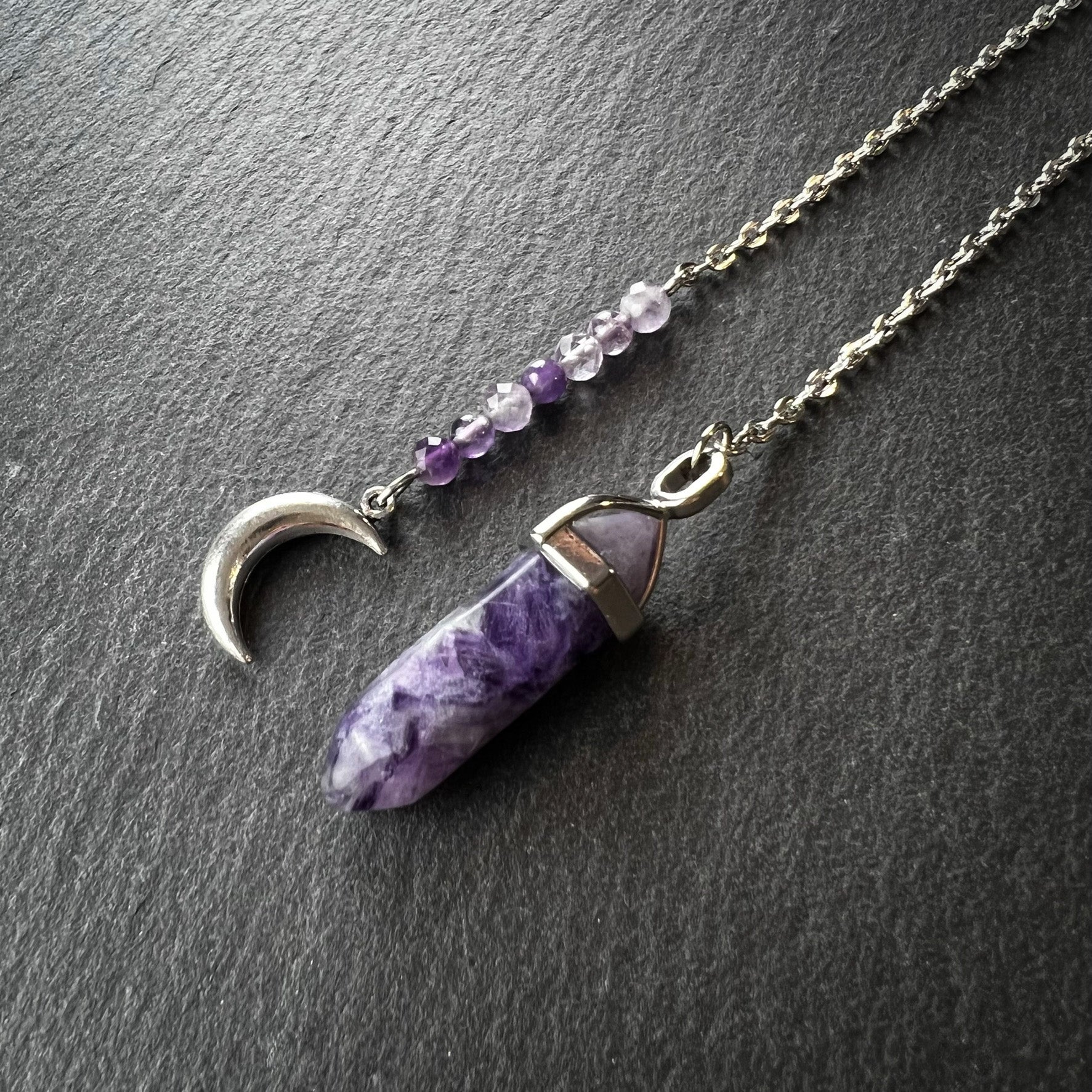 Charoite, Amethyst and Moon crescent dowsing divination pendulum - The French Witch shop