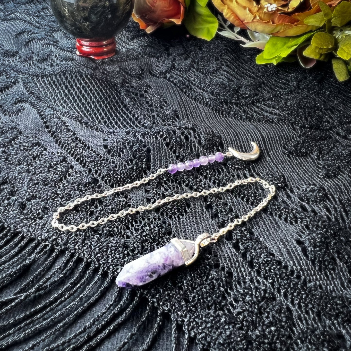 Charoite, Amethyst and Moon crescent dowsing divination pendulum - The French Witch shop