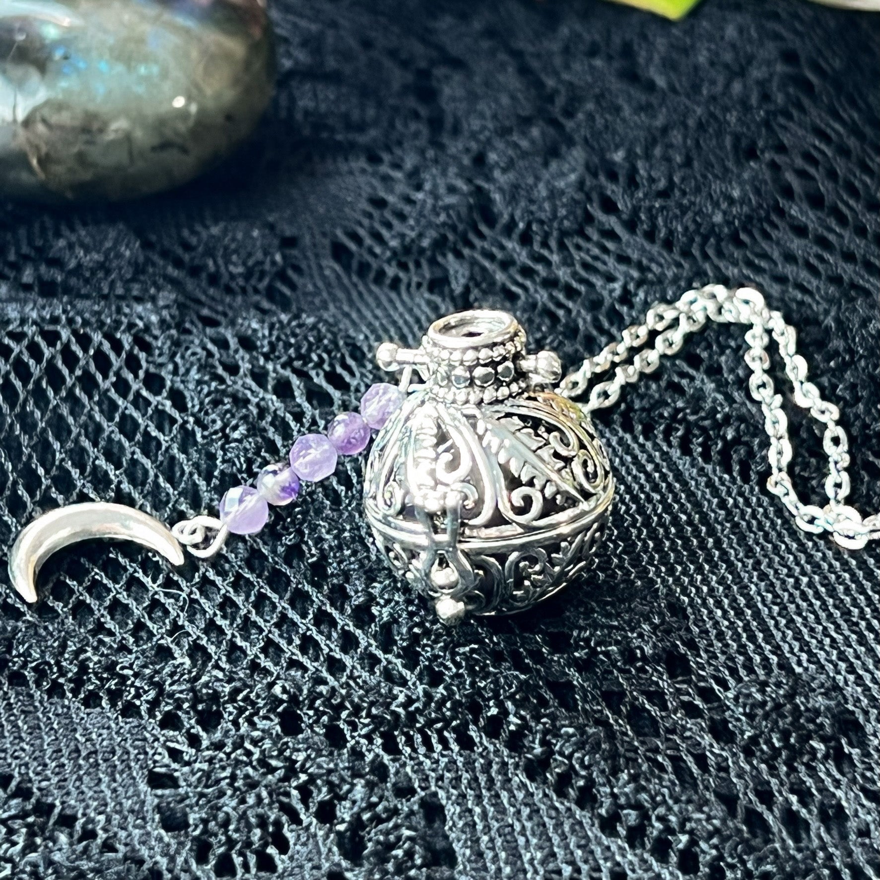 Rococo amethyst locket and Moon crescent necklace Baguette Magick