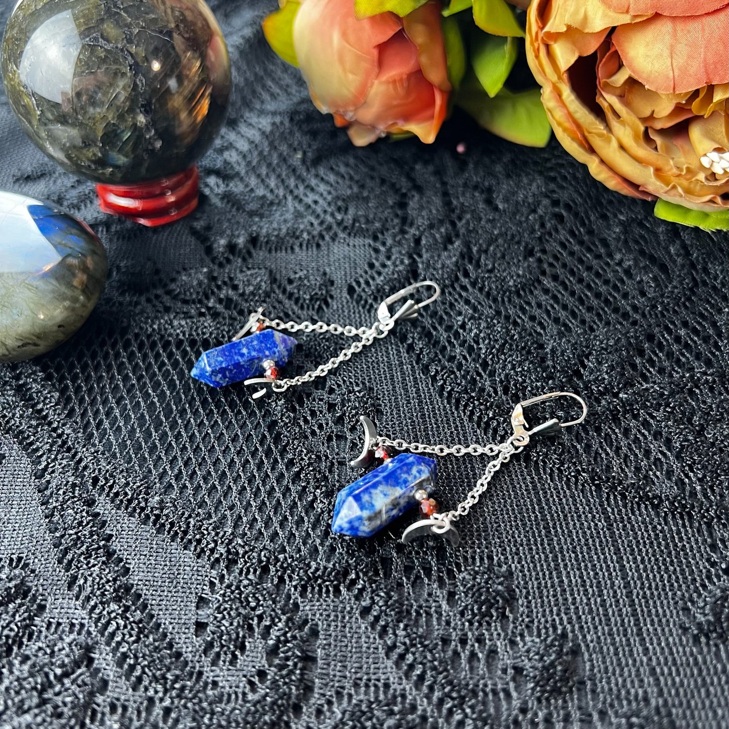 Lapis lazuli garnet and stainless steel gemstone earrings with Moon crescent Baguette Magick