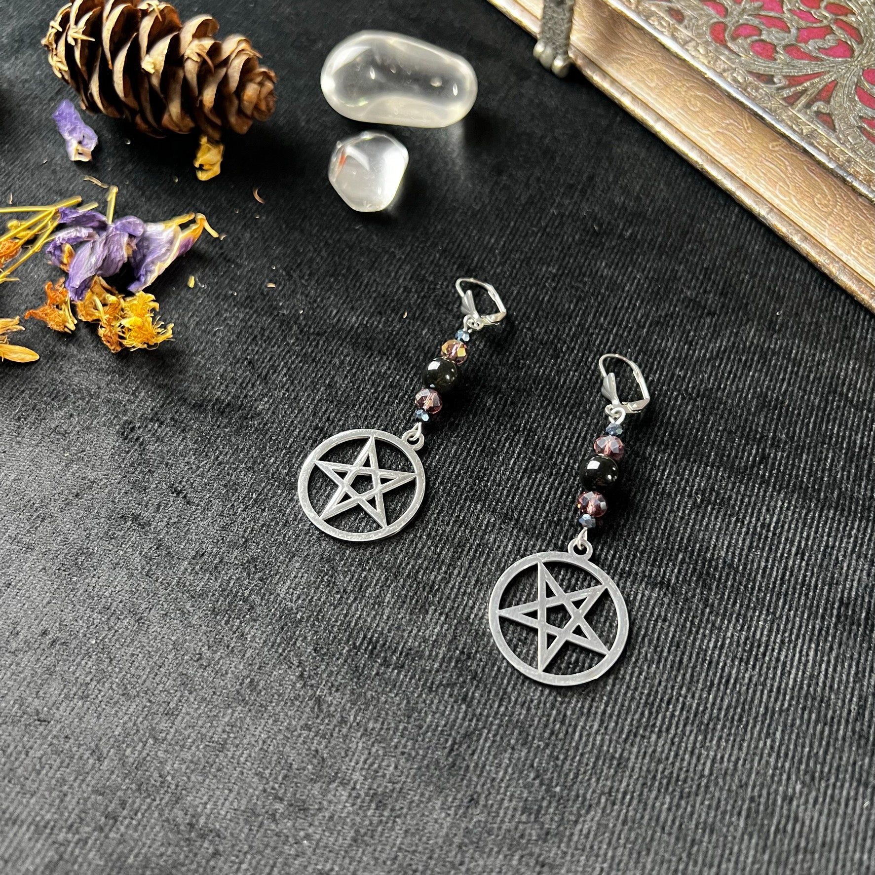 Inverted pentacle earrings made with stainless steel, obsidian and austrian crystal - The French Witch shop