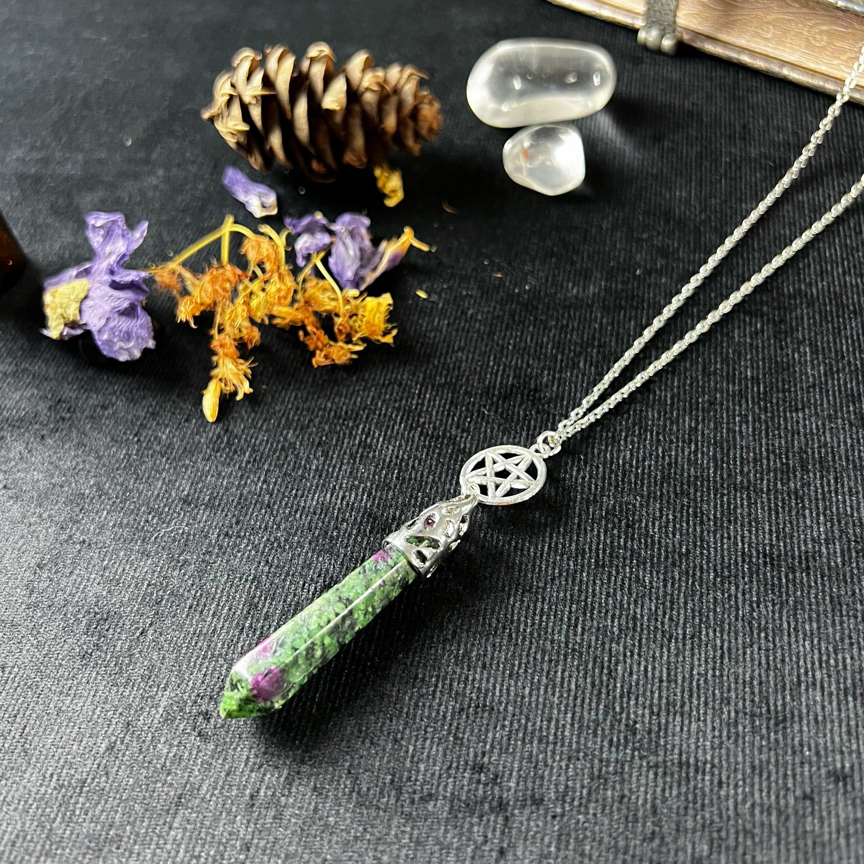 Ruby in Zoisite Anyolite crystal and pentacle divination necklace - The French Witch shop