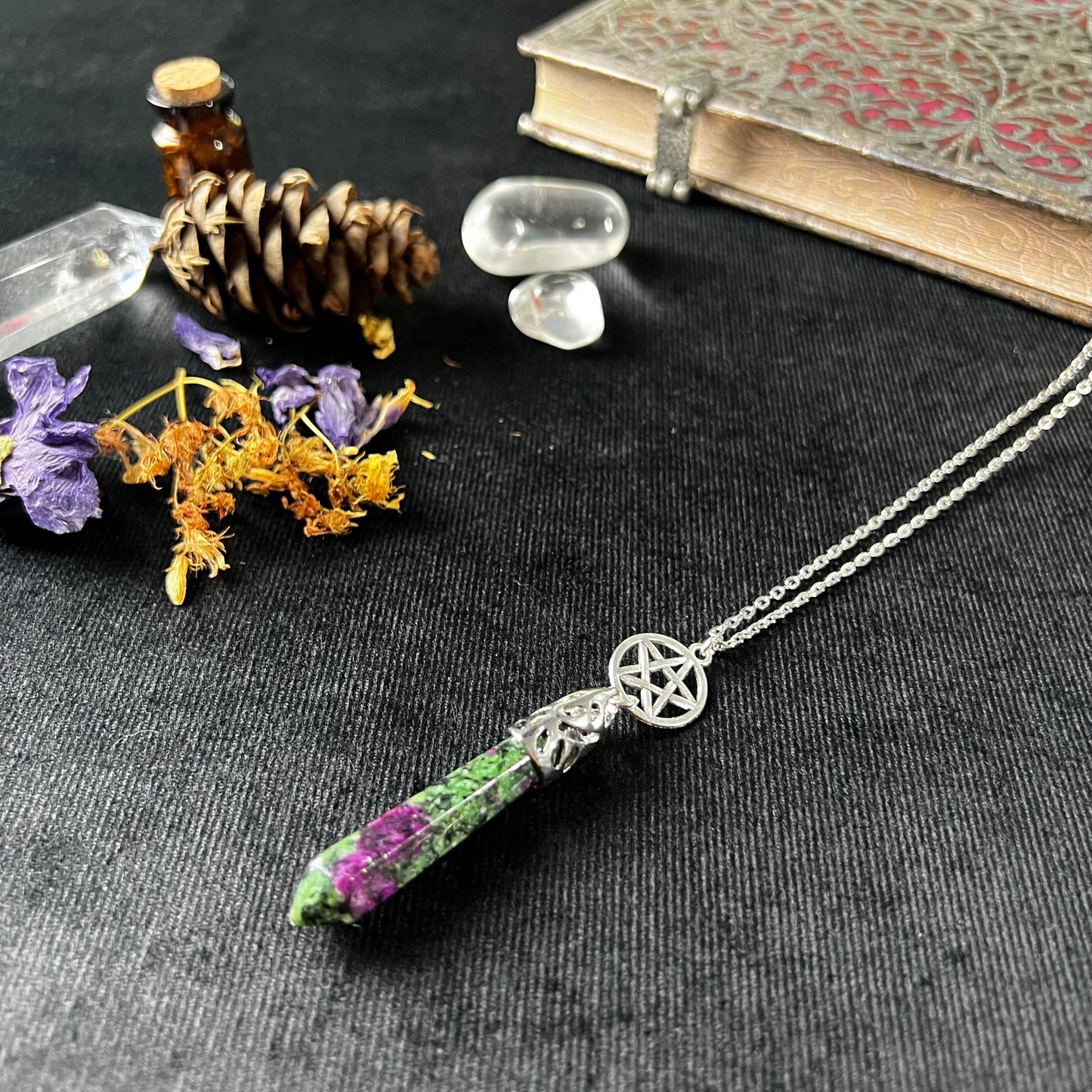 Ruby in Zoisite Anyolite crystal and pentacle divination necklace - The French Witch shop