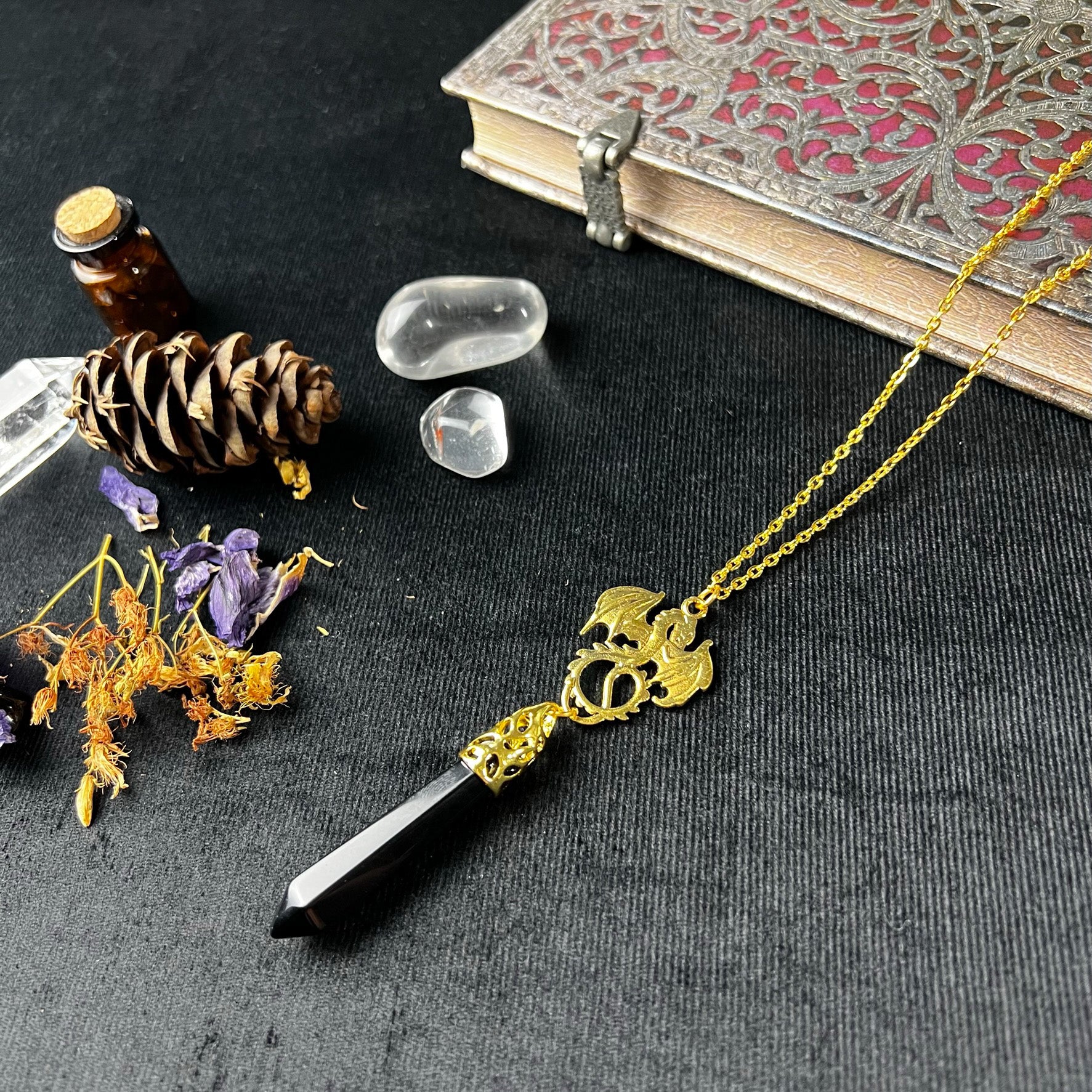 Golden onyx and dragon divination pendulum necklace - The French Witch shop
