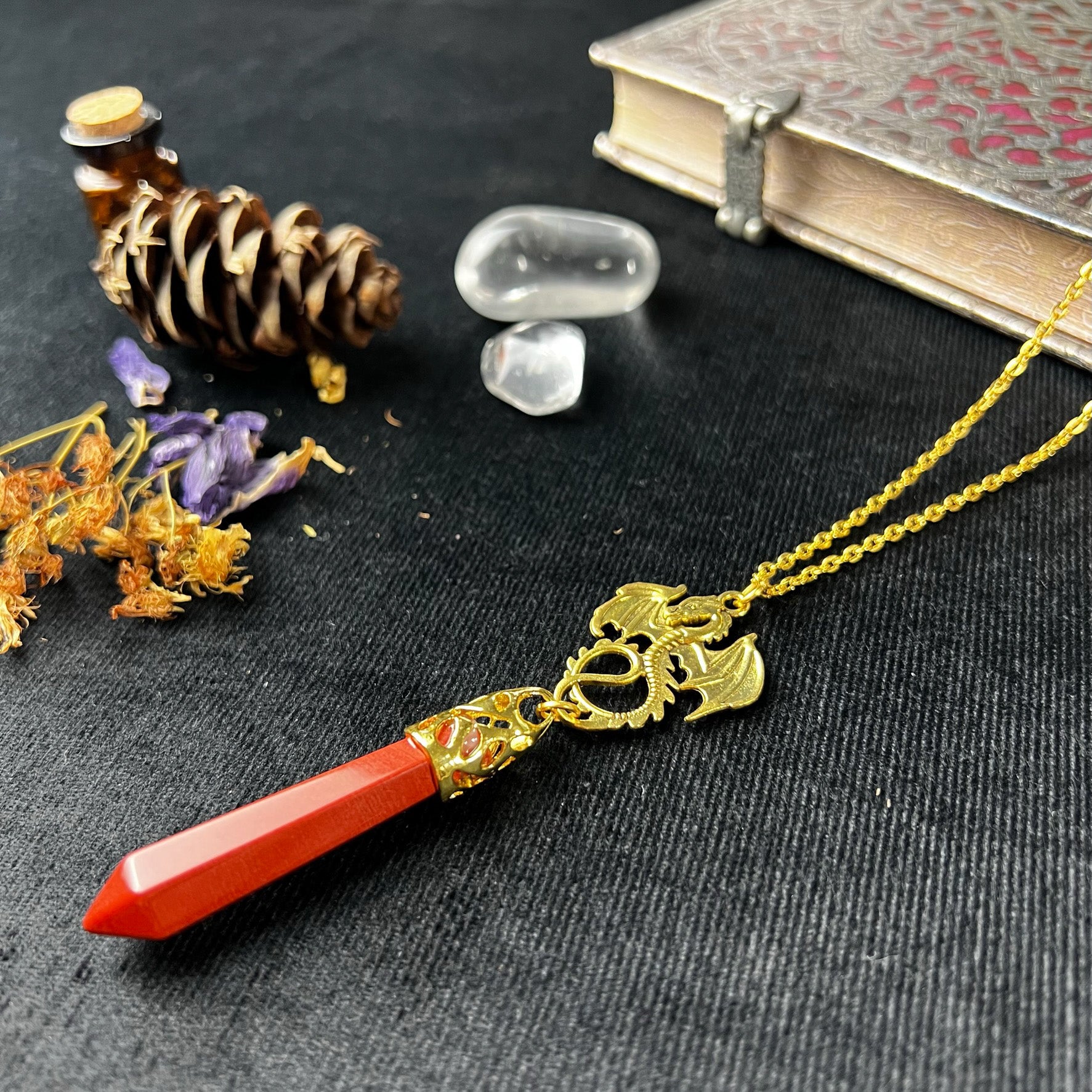 Golden red jasper and dragon divination pendulum necklace - The French Witch shop
