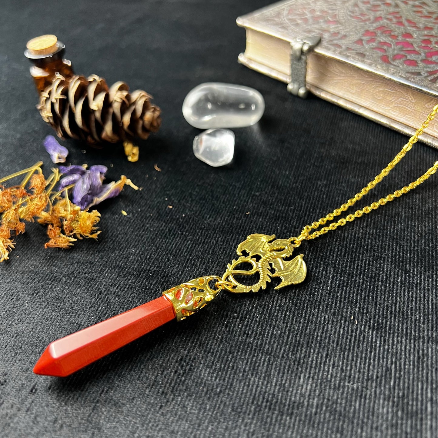 Golden red jasper and dragon divination pendulum necklace Baguette Magick
