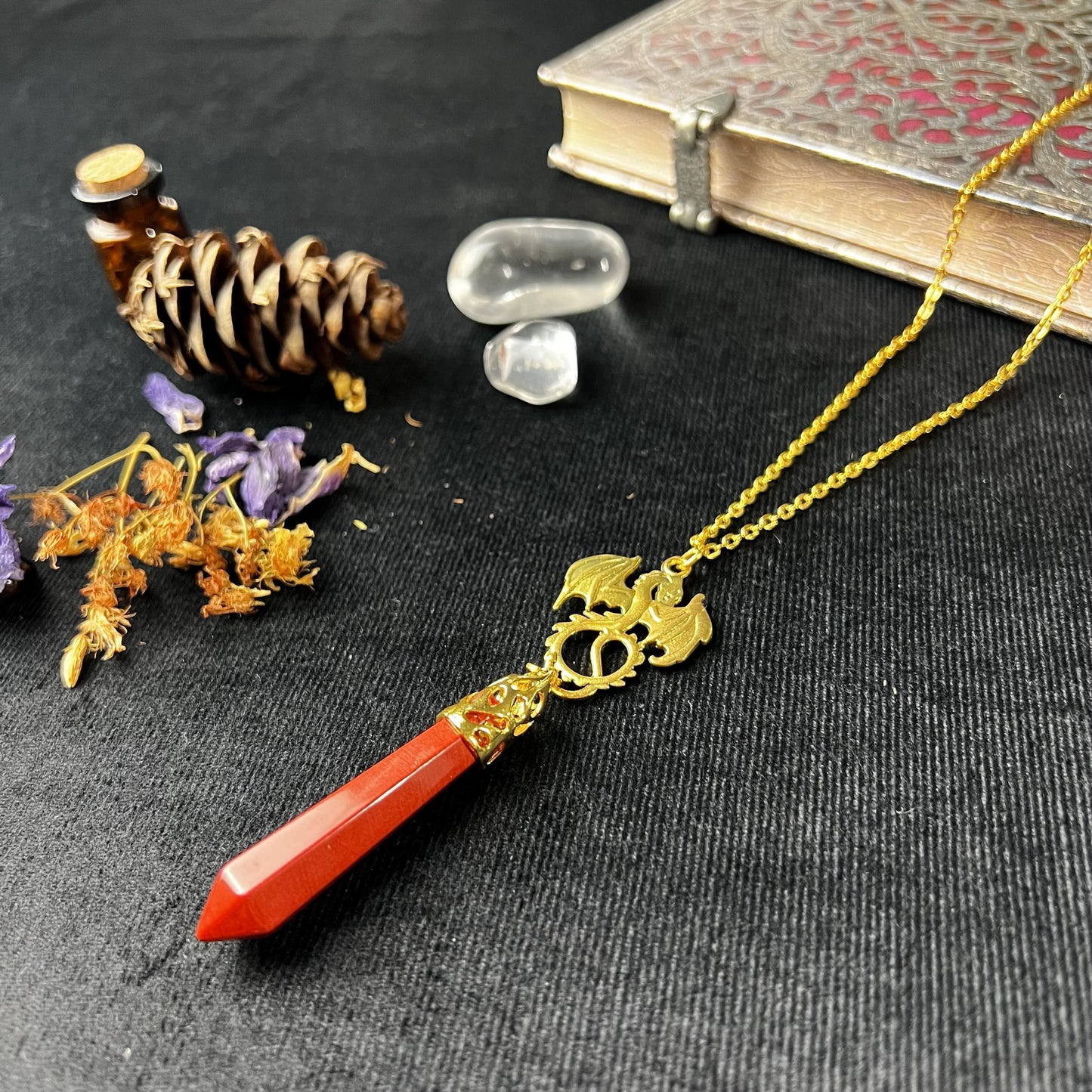 Golden red jasper and dragon divination pendulum necklace - The French Witch shop