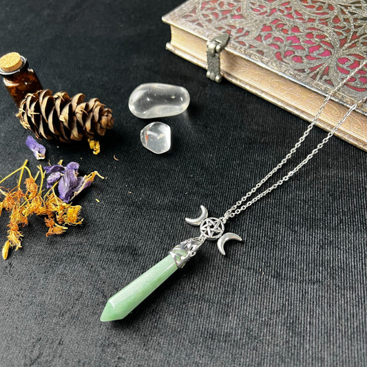 Aventurine and pentacle triple Moon pagan pendulum necklace - The French Witch shop