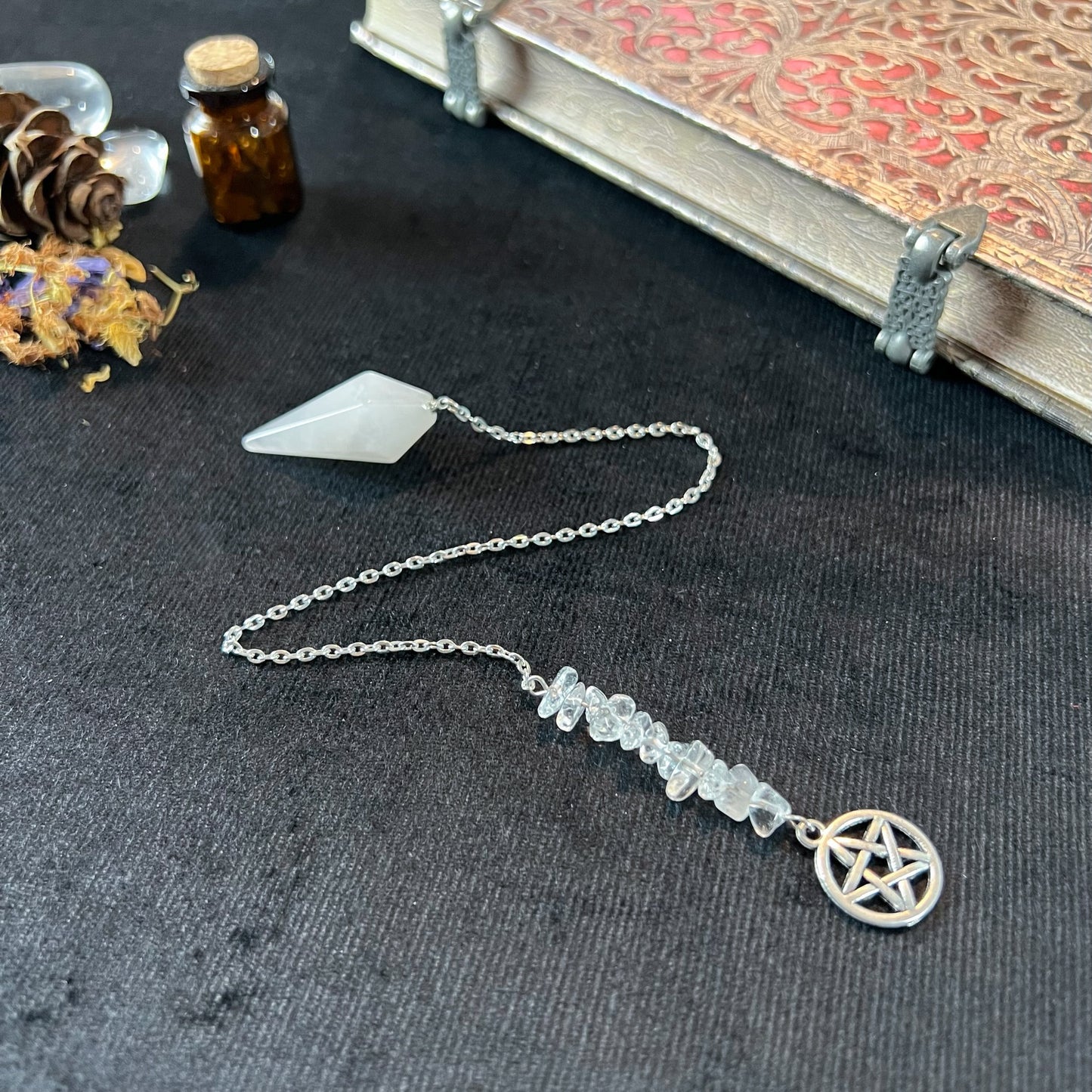 Clear quartz and pagan wiccan pentacle pendulum Baguette Magick