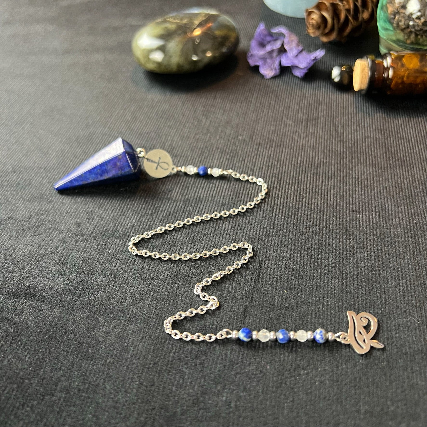 Gemstone pendulum lapis lazuli, moonstone, and stainless steel Eye of Horus Ankh divination tool crystal pendulum