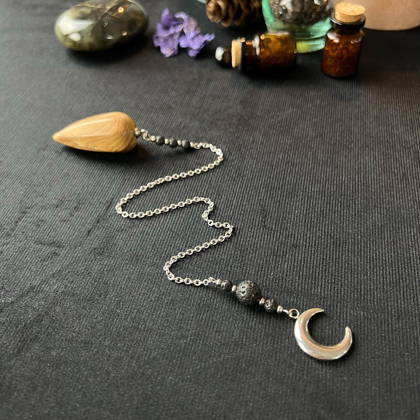 Picture jasper, lava rock and Moon crescent stainless steel pendulum Baguette Magick
