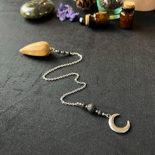 Divination pendulum picture jasper lava rock stainless steel with a crescent moon gemstone pendulum for dowsing fortune telling witchcraft