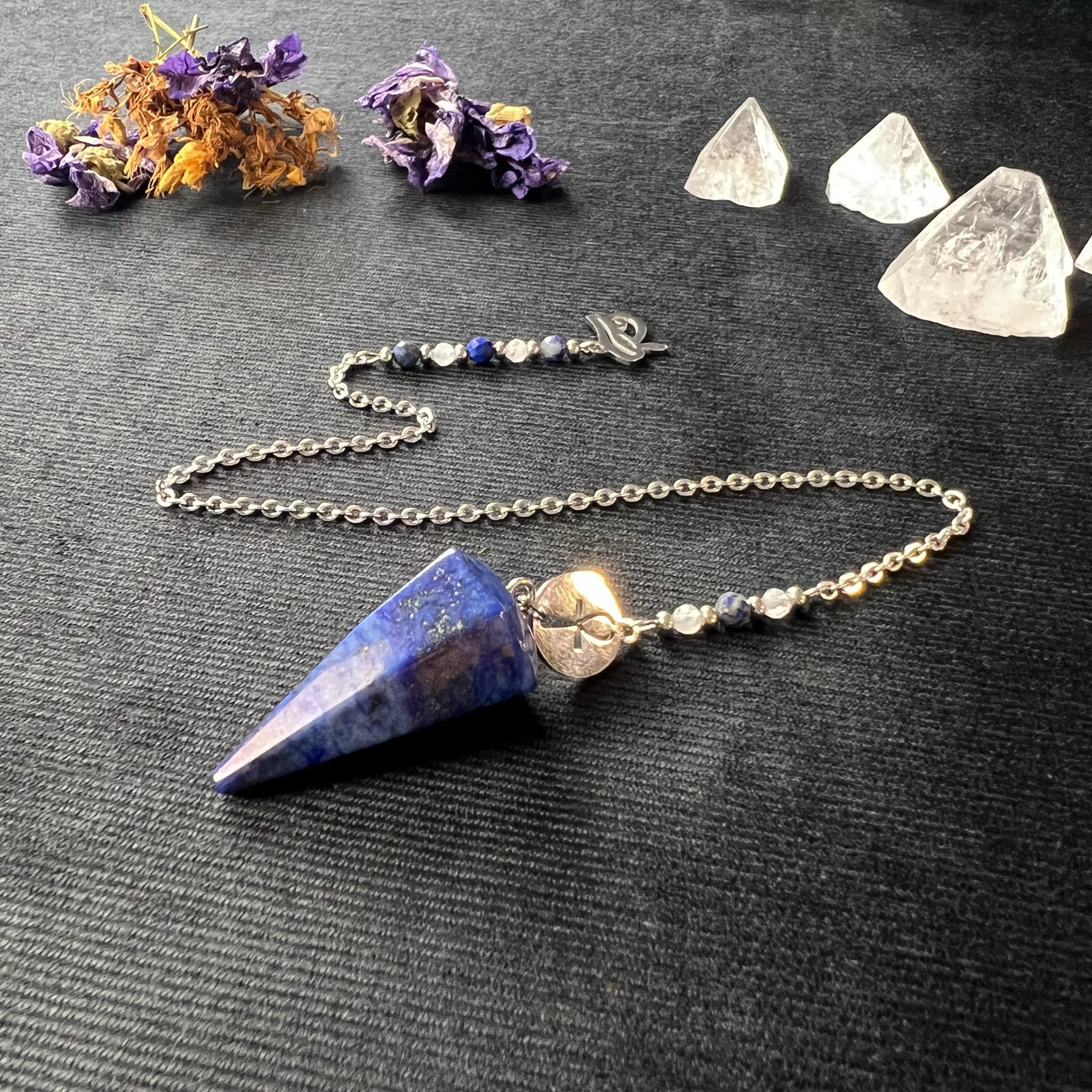 Stainless steel pendulum with lapis lazuli, moonstone, Eye of Horus and Ankh Baguette Magick