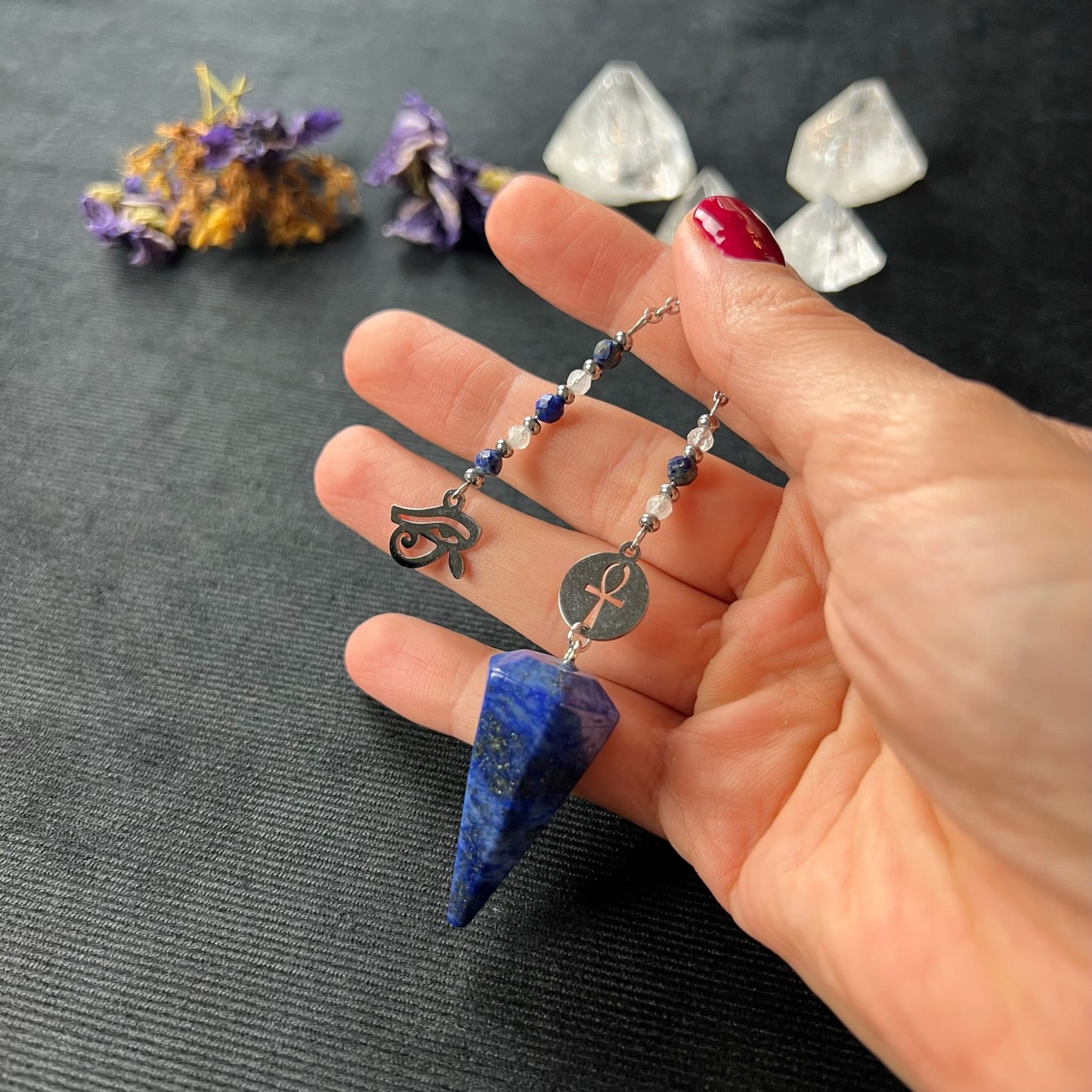 Gemstone pendulum lapis lazuli, moonstone, and stainless steel Eye of Horus Ankh divination tool crystal pendulum