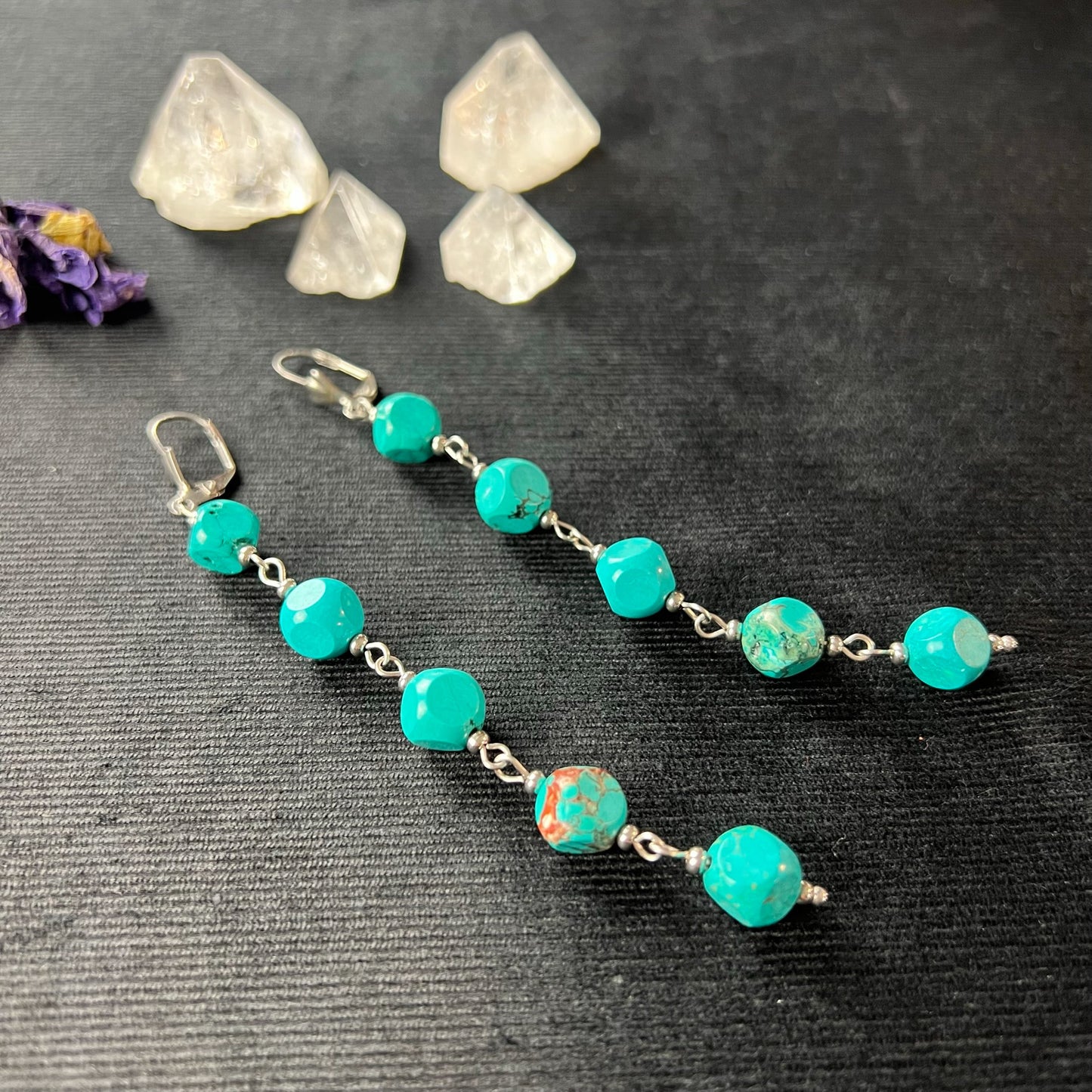 Long dangle & drop turquoise and stainless steel earrings Baguette Magick