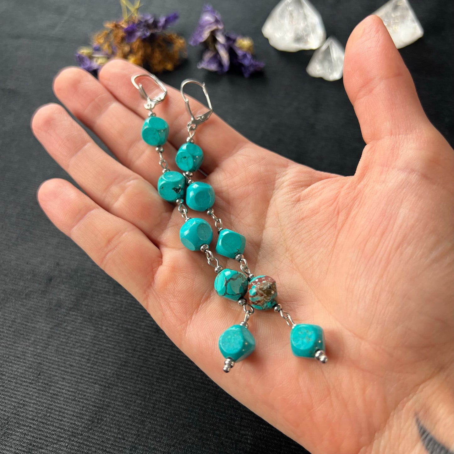 Long dangle and drop genuine turquoise earrings in stainless steel elegant spiritual earrings boho witch earrings