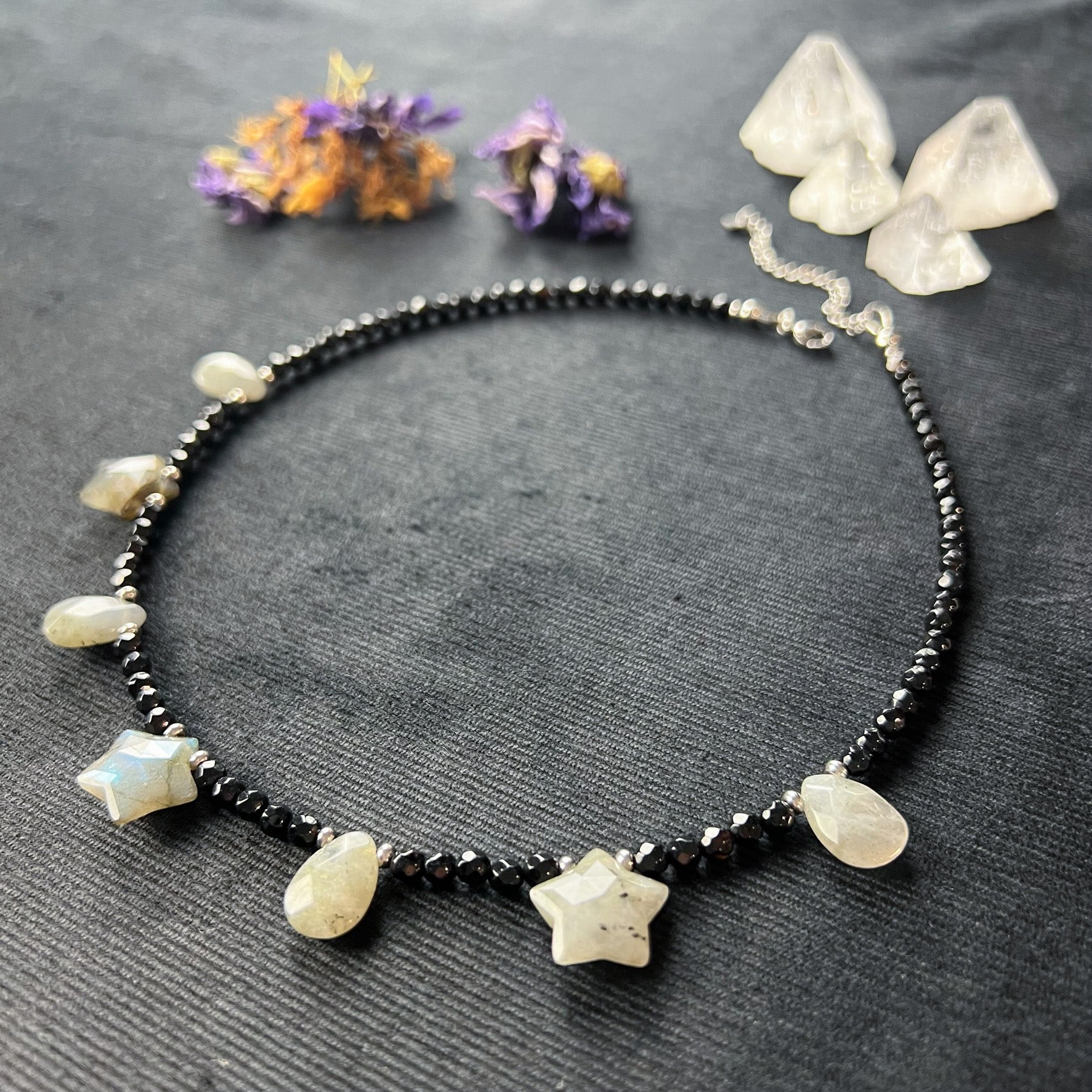 Gemstone beaded necklace stars and teardrops labradorite onyx and stainless steel Rêveries Collection gothic fairy gift for her