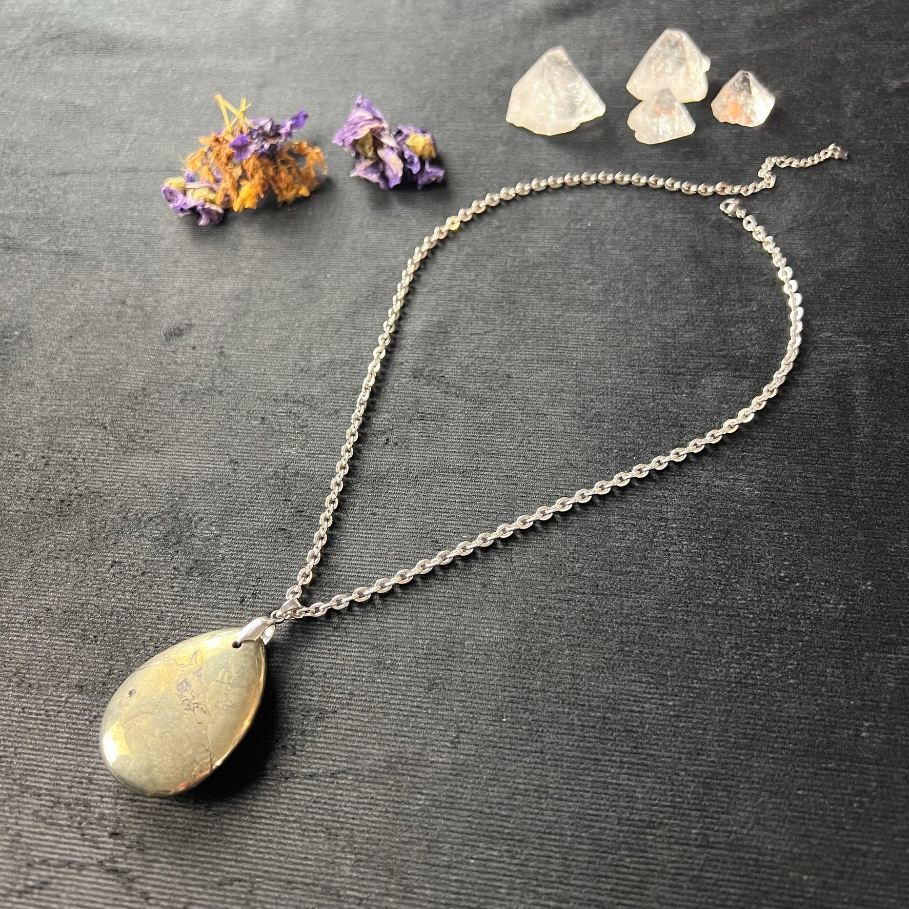 Teardrop Iron Pyrite gemstone and stainless steel necklace - The French Witch shop
