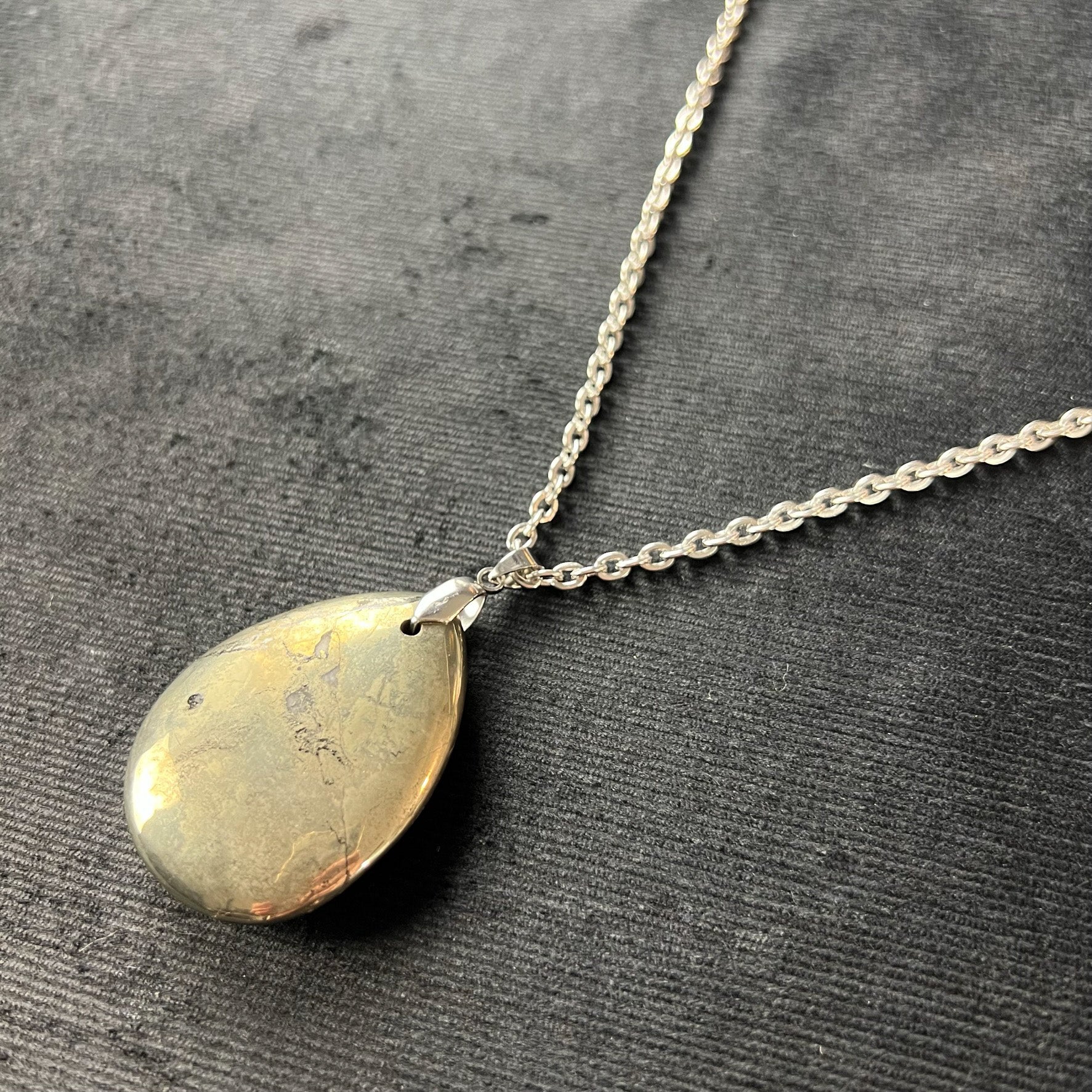 Teardrop Iron Pyrite gemstone and stainless steel necklace