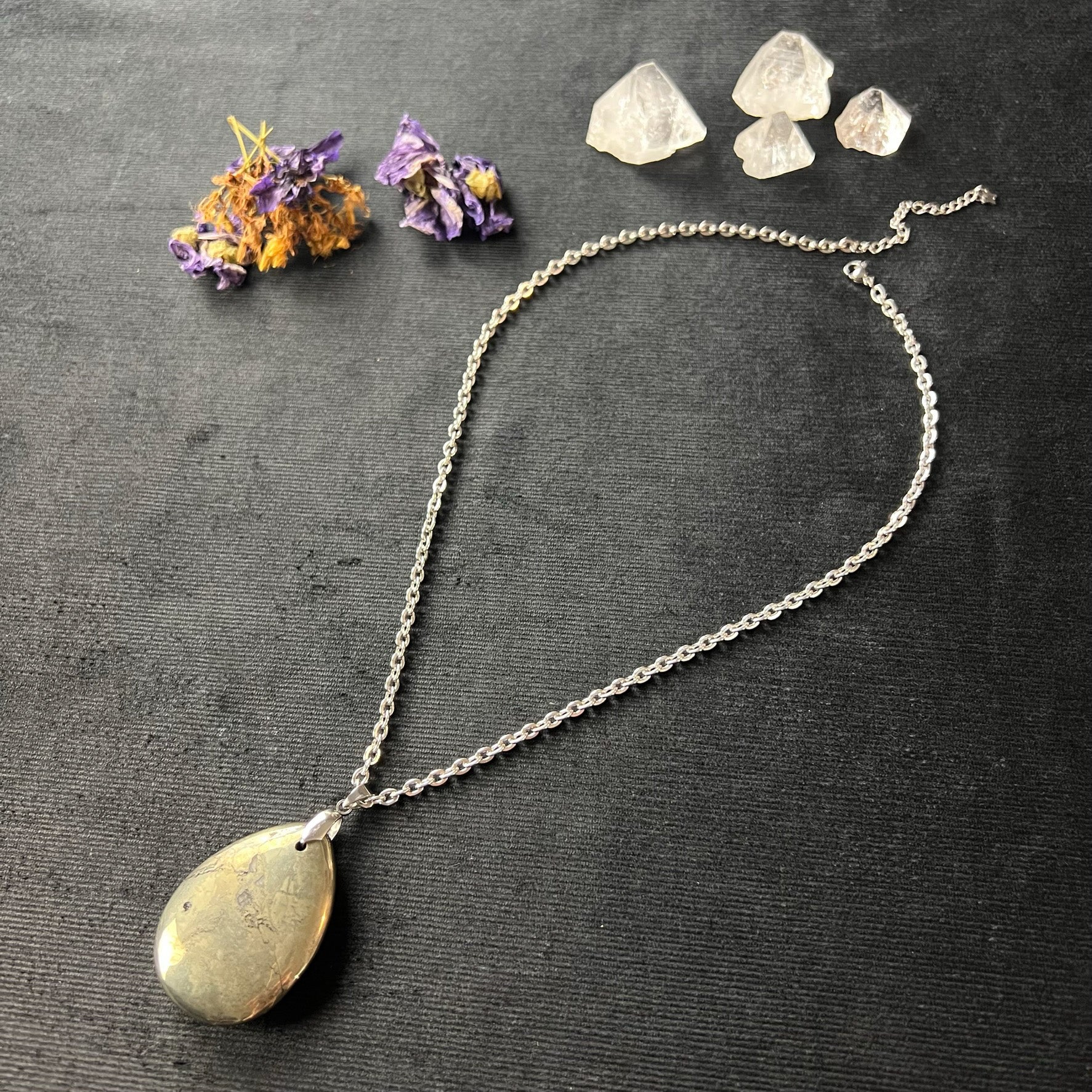 Teardrop Iron Pyrite gemstone and stainless steel necklace