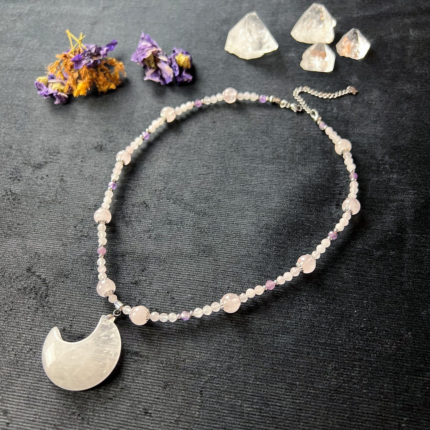 Quartz moon, rose quartz, amethyst, stainless steel Fairy queen necklace Baguette Magick