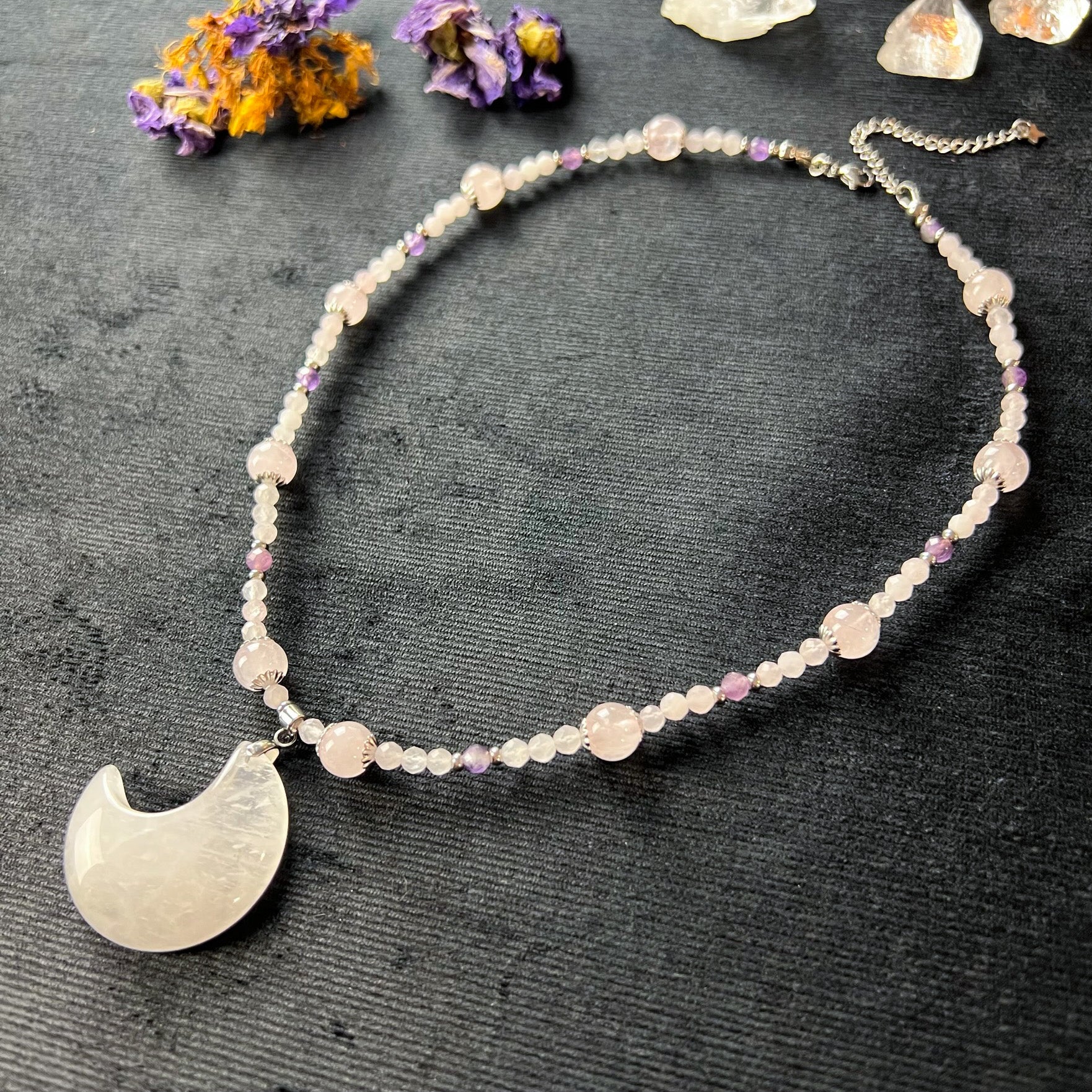 Gemstone necklace quartz moon crescent amethyst and rose quartz beads stainless steel Rêveries Collection fantasy fairy necklace