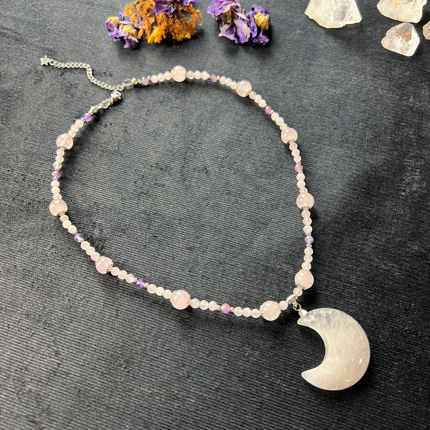 Quartz moon, rose quartz, amethyst, stainless steel Fairy queen necklace Baguette Magick